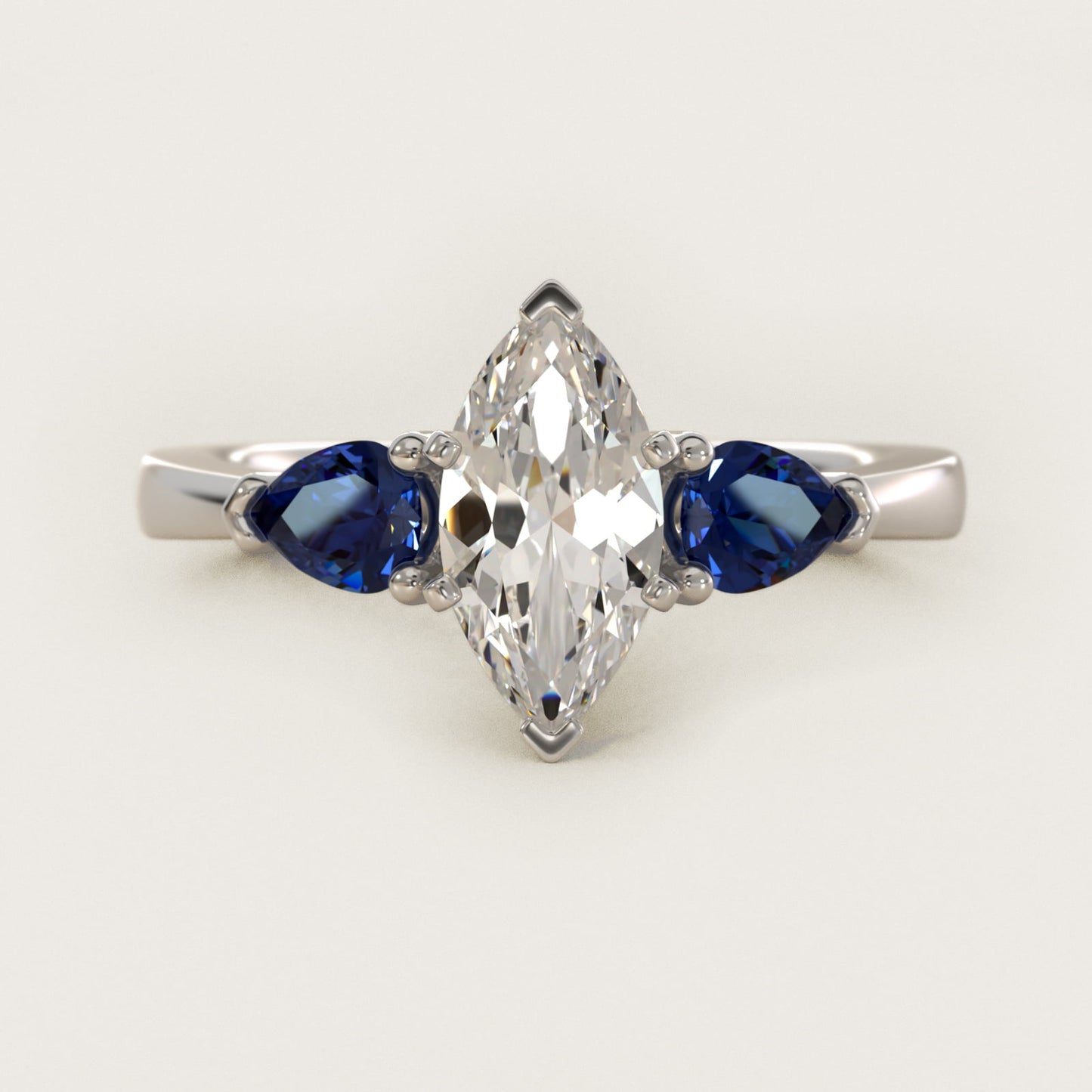 Classic Pear Shaped Sapphire Engagement Ring in 14k White Gold - Marquise Center