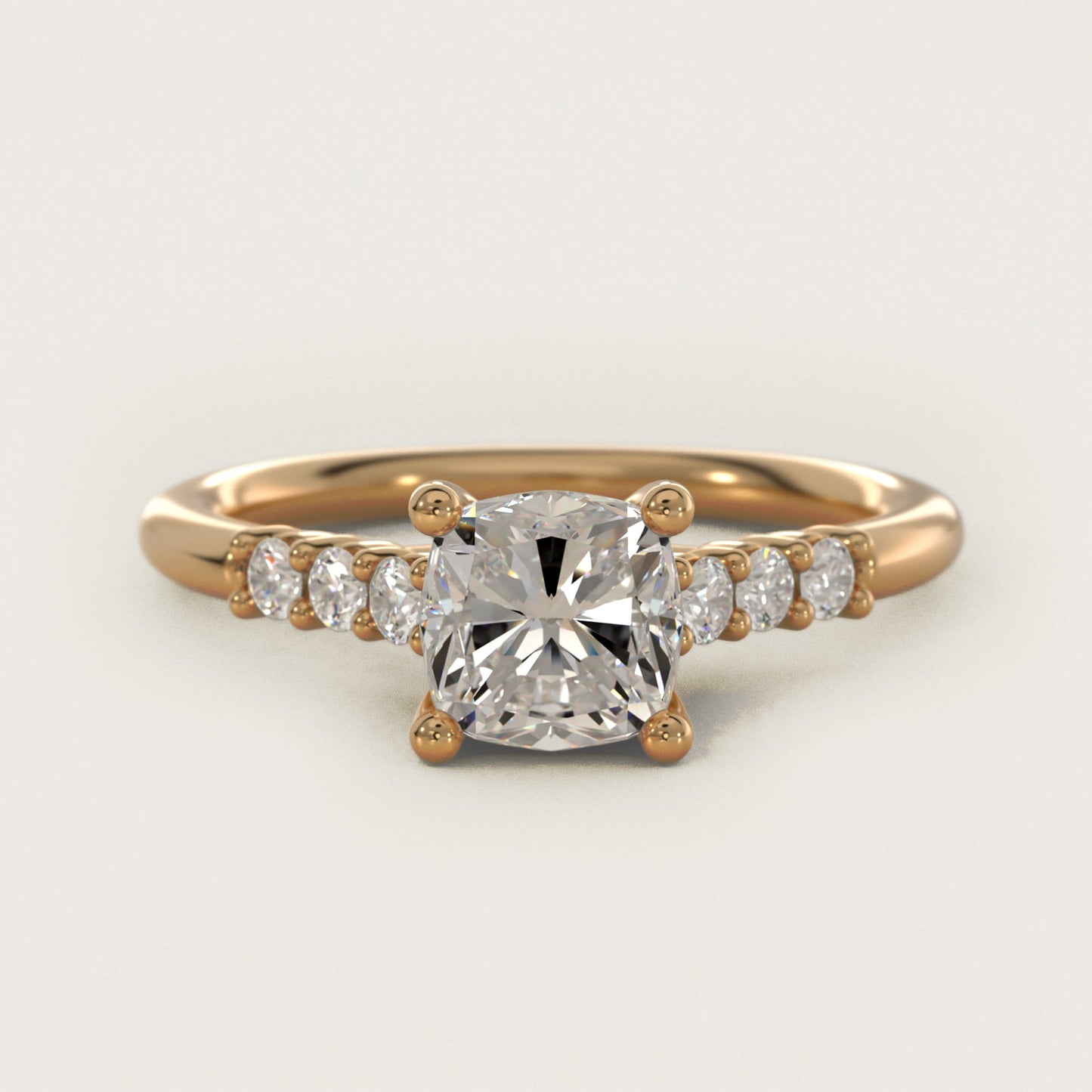Classic Shared Prong Cathedral Diamond Engagement Ring in 14k Yellow Gold - Cushion Center