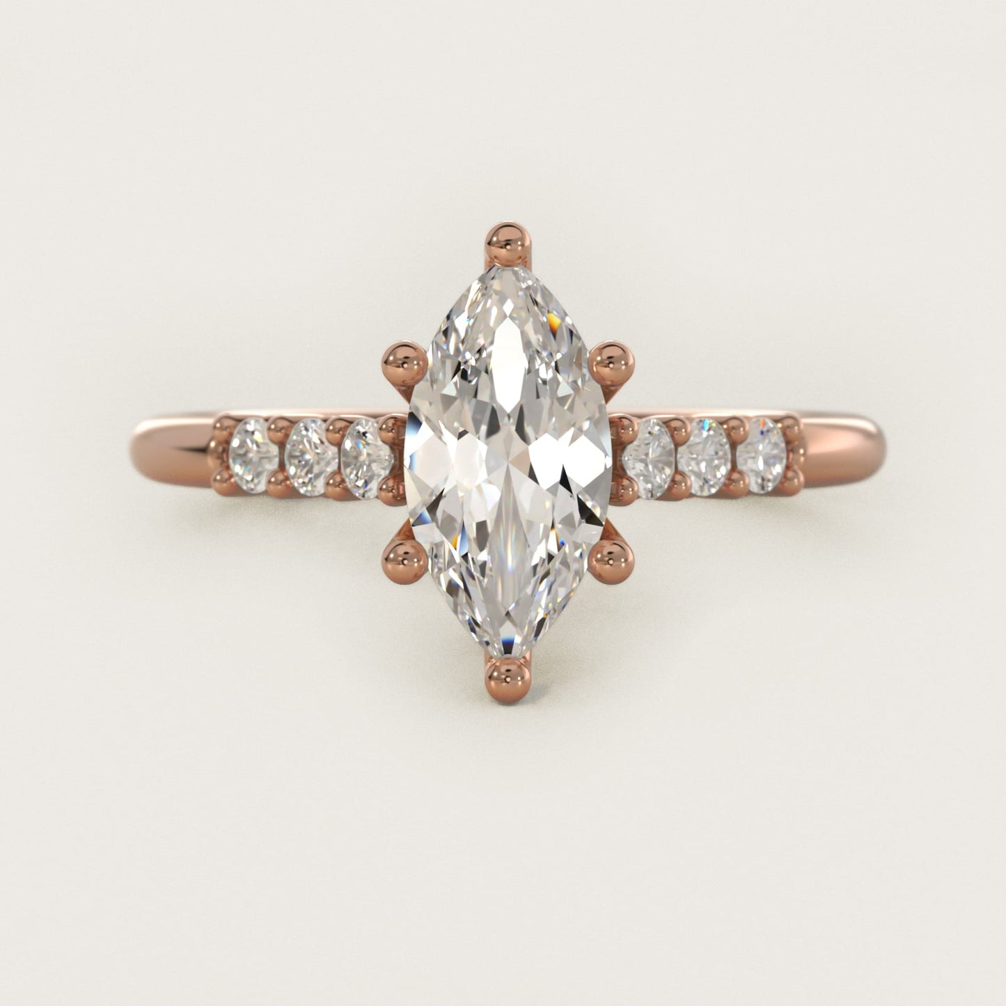 Classic Shared Prong Cathedral Diamond Engagement Ring in 14k Rose Gold - Marquise Center