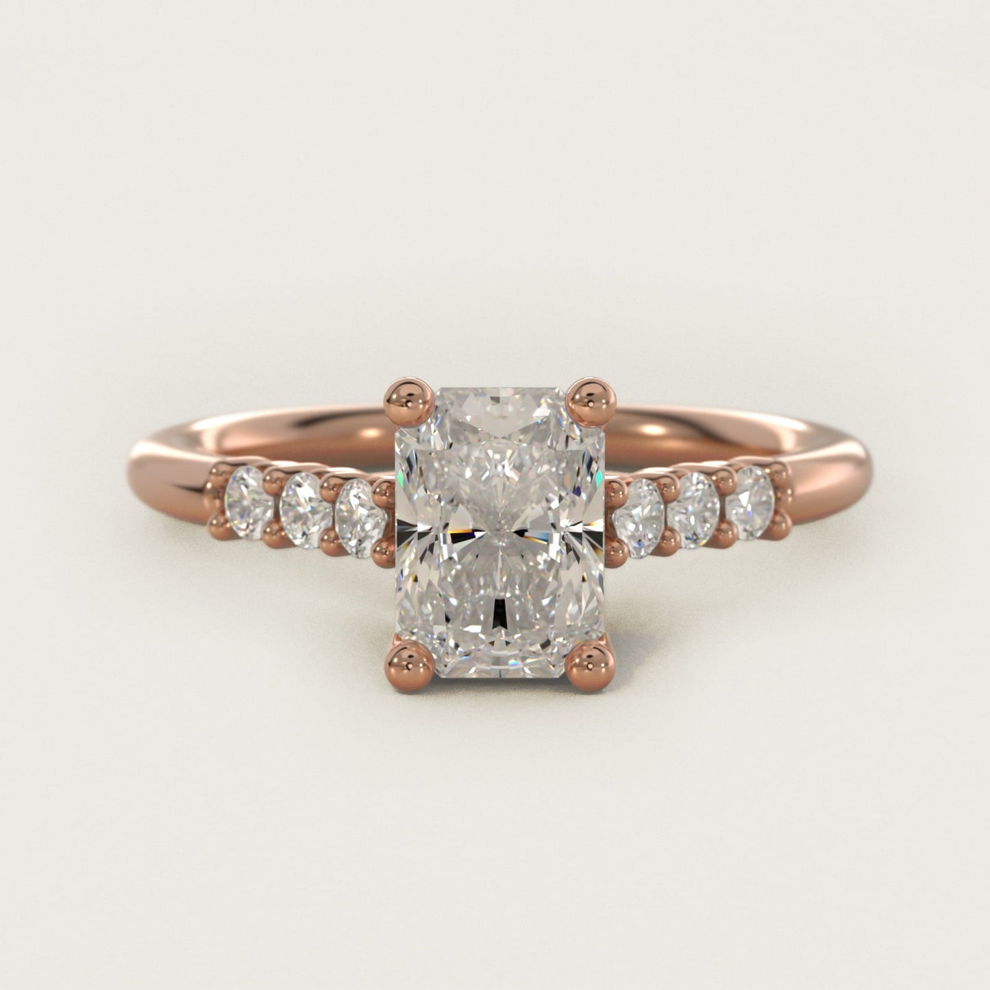 Classic Shared Prong Cathedral Diamond Engagement Ring in 18k Rose Gold - Radiant Center