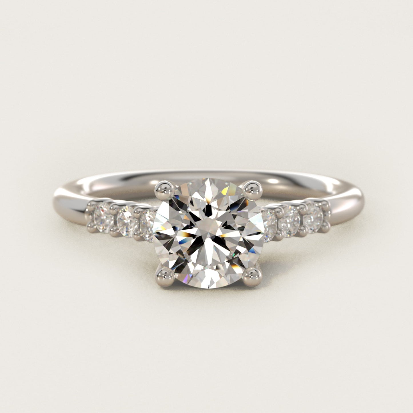 Classic Shared Prong Cathedral Diamond Engagement Ring in 14k White Gold - Round Center