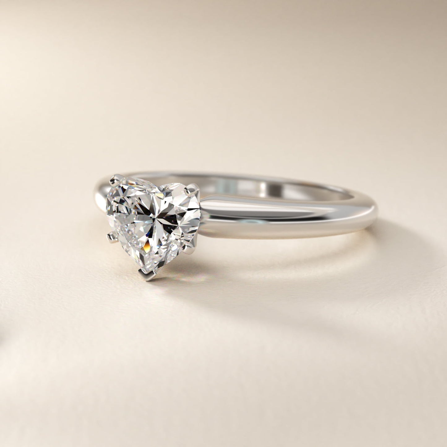 Classic Simple Solitaire Engagement Ring in 18k White Gold - Heart Center
