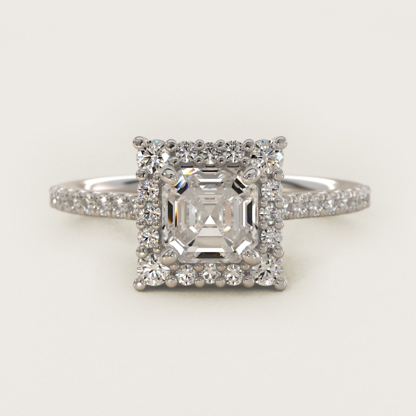 Crescendo Halo Diamond Engagement Ring in 18k White Gold - Asscher Center