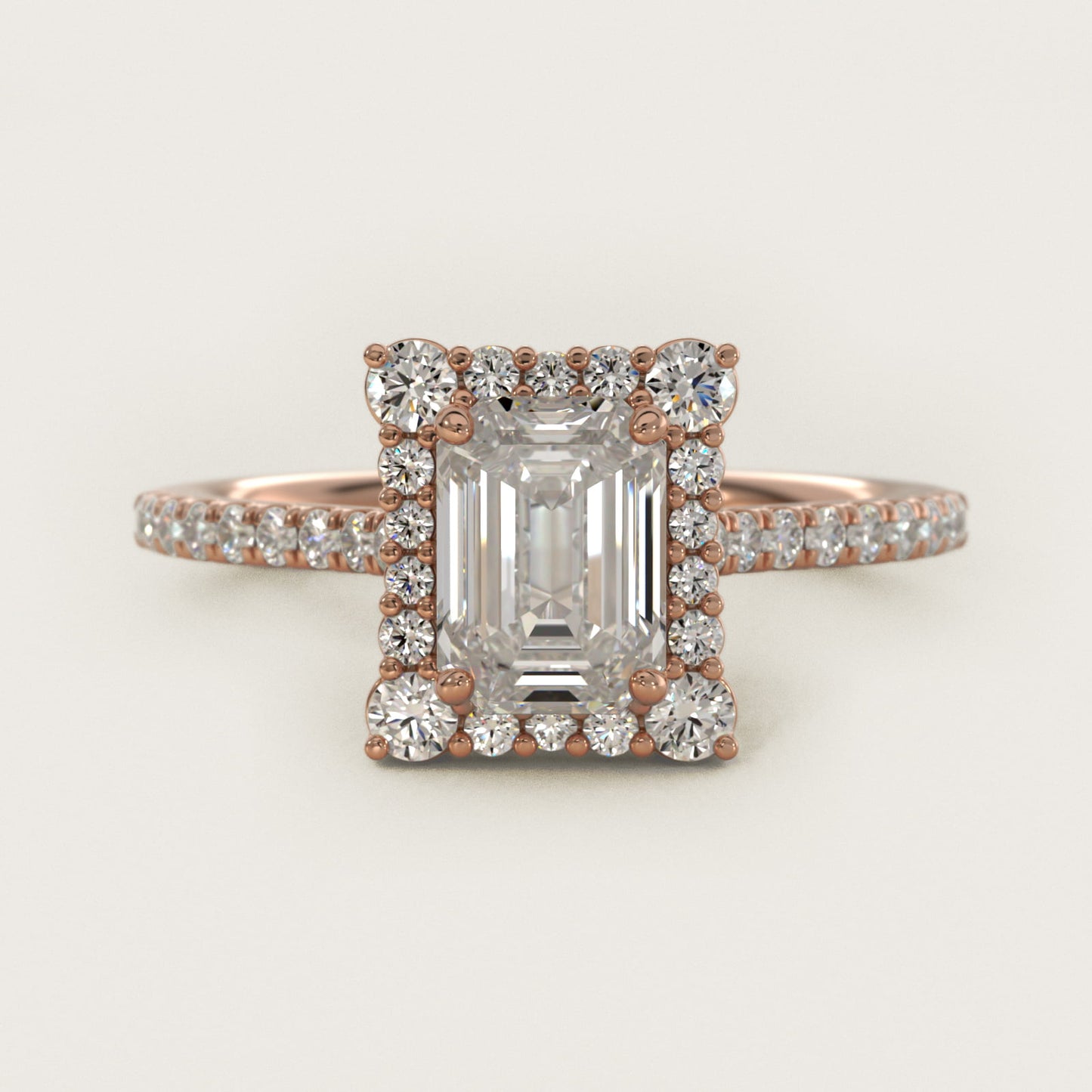 Crescendo Halo Diamond Engagement Ring in 18k Rose Gold - Emerald Center