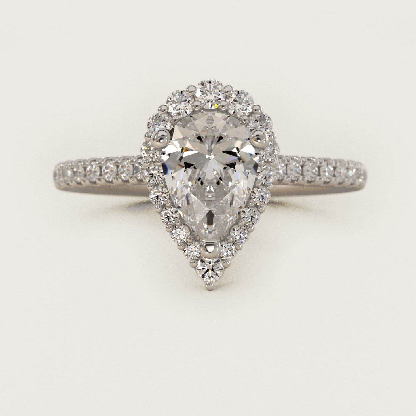 Crescendo Halo Diamond Engagement Ring in 18k White Gold - Pear Center
