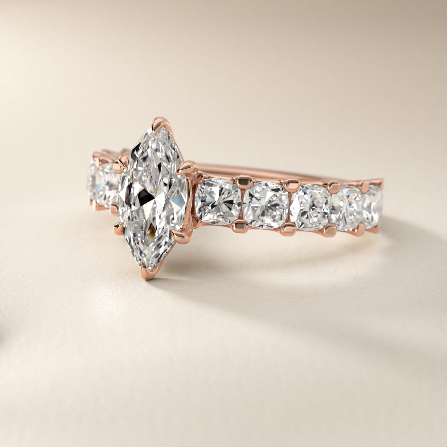 Cushion-Cut Diamond Engagement Ring in 14k Rose Gold - Marquise Center
