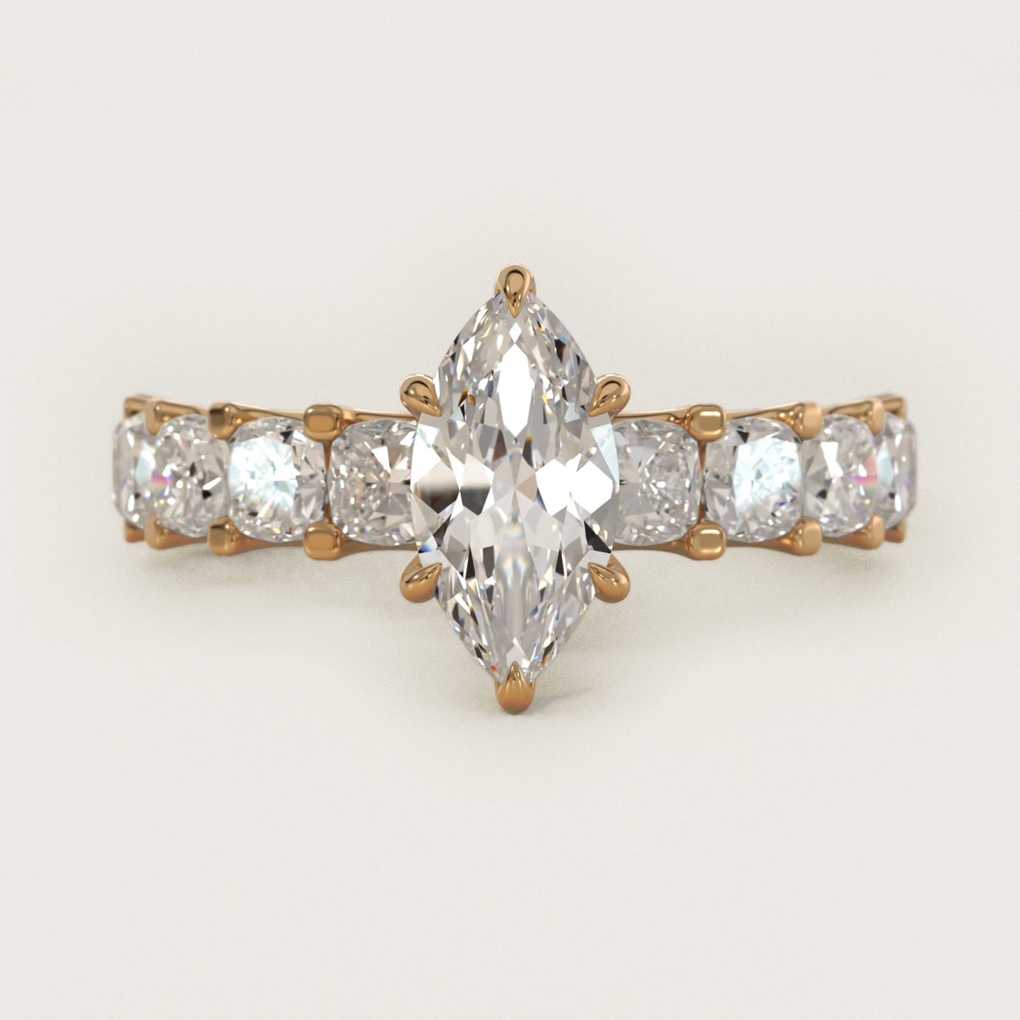 Cushion-Cut Diamond Engagement Ring in 18k Yellow Gold - Marquise Center