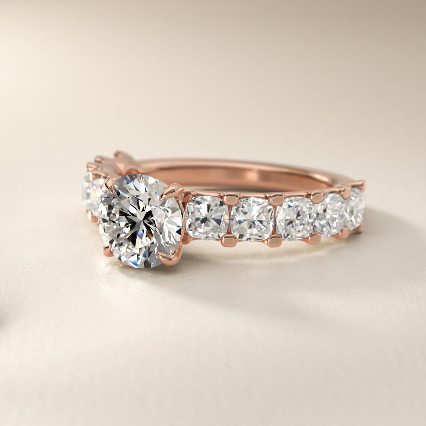 Cushion-Cut Diamond Engagement Ring in 18k Rose Gold - Round Center