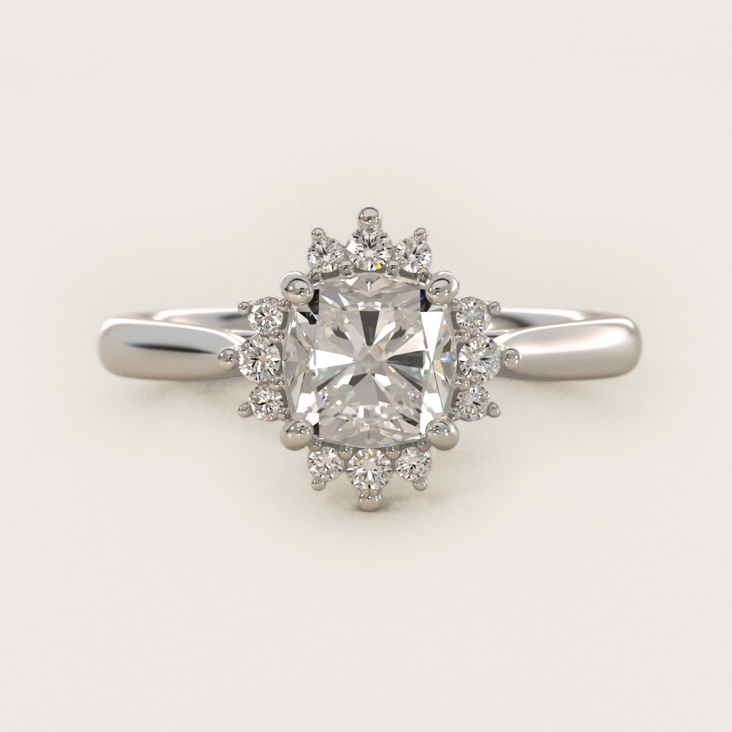 Delicate Ballerina Halo Diamond Engagement Ring in 14k White Gold - Cushion Center
