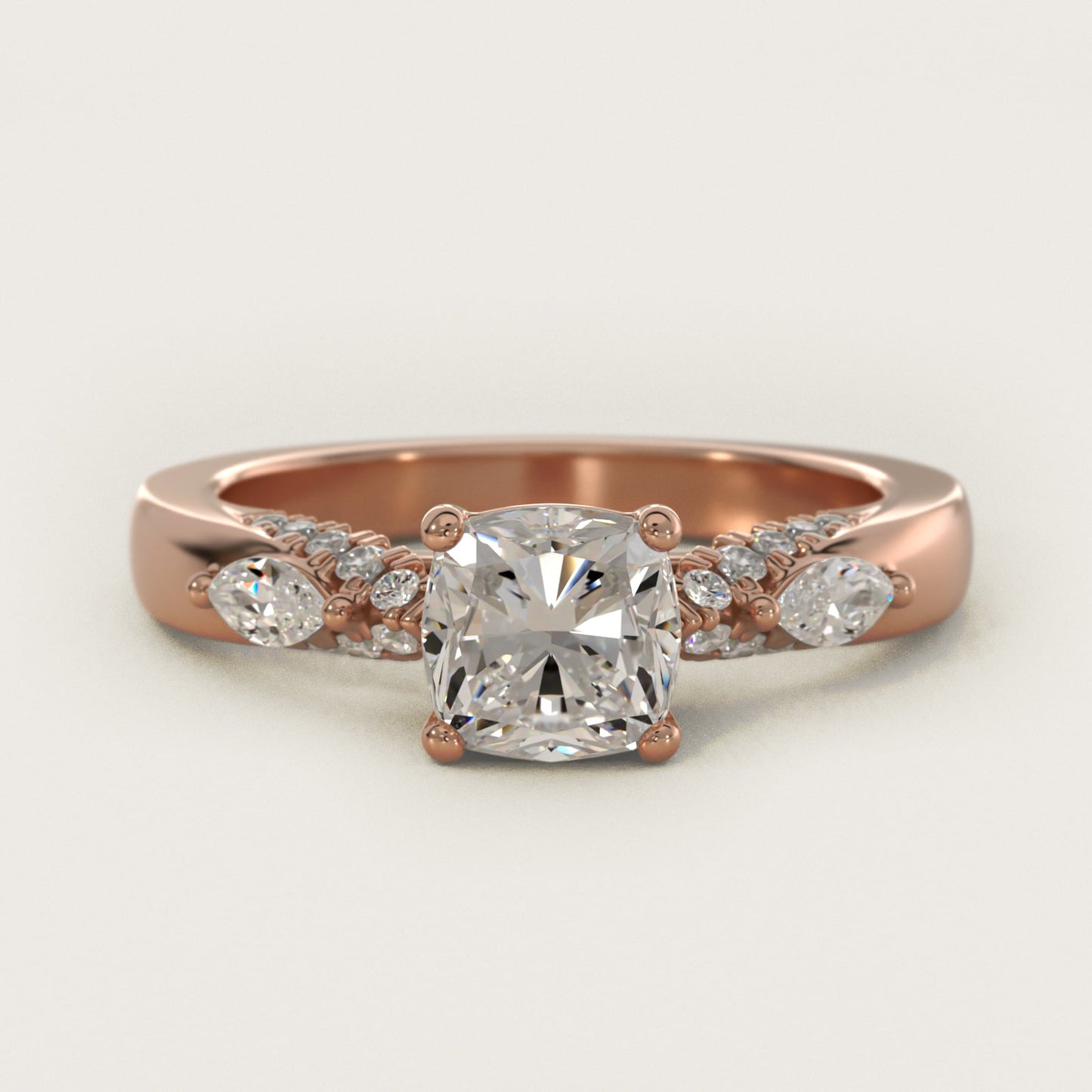 Diamond Marquise Shoulder Engagement Ring in 18k Rose Gold (1/4 ct. tw.) - Cushion Center
