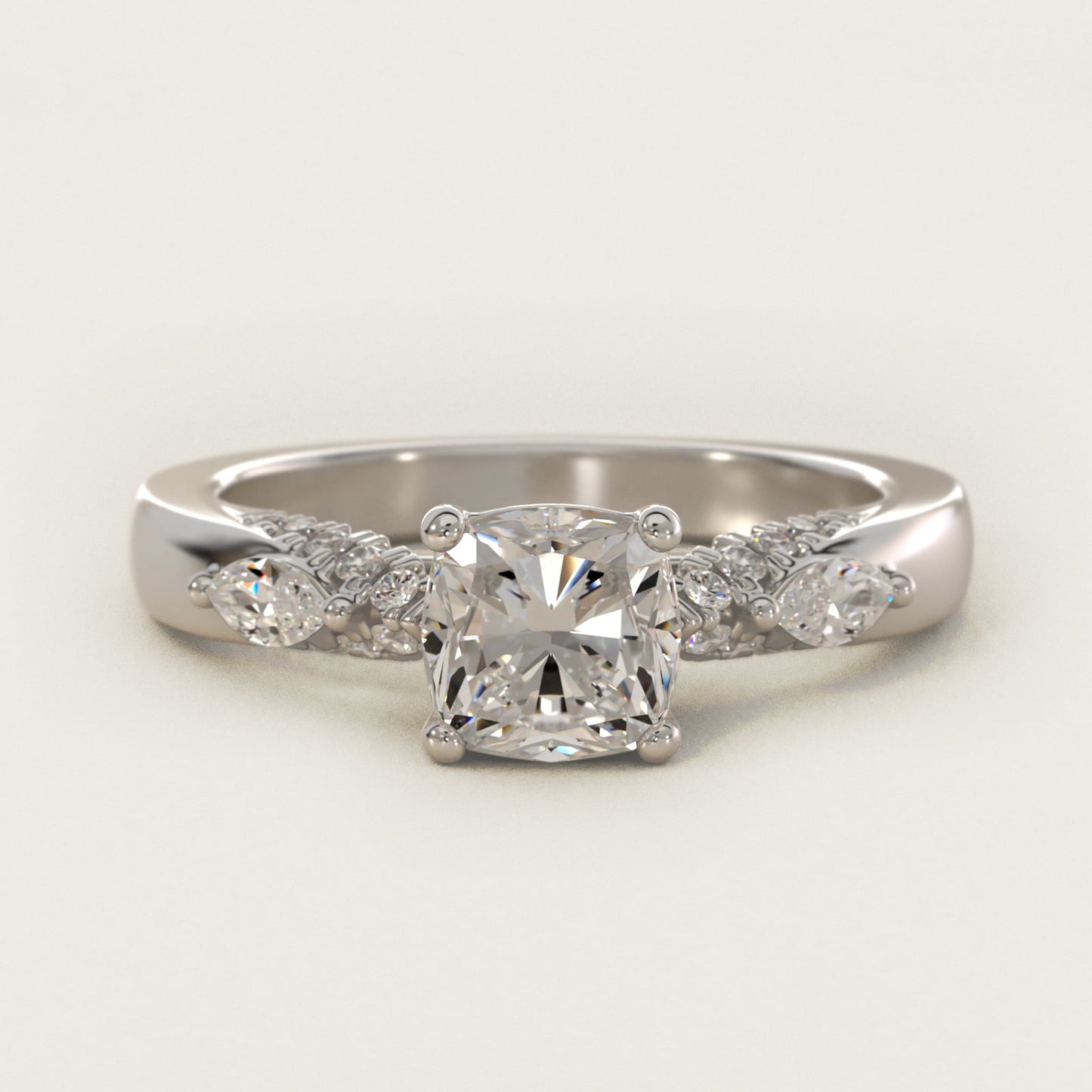 Diamond Marquise Shoulder Engagement Ring in 18k White Gold (1/4 ct. tw.) - Cushion Center