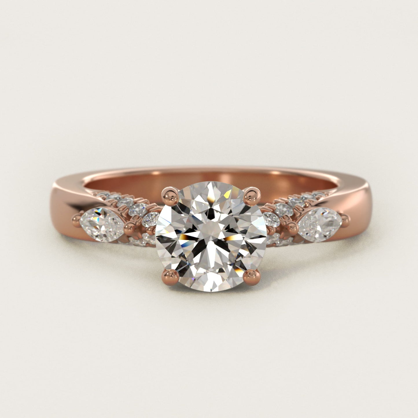 Diamond Marquise Shoulder Engagement Ring in 18k Rose Gold (1/4 ct. tw.) - Round Center