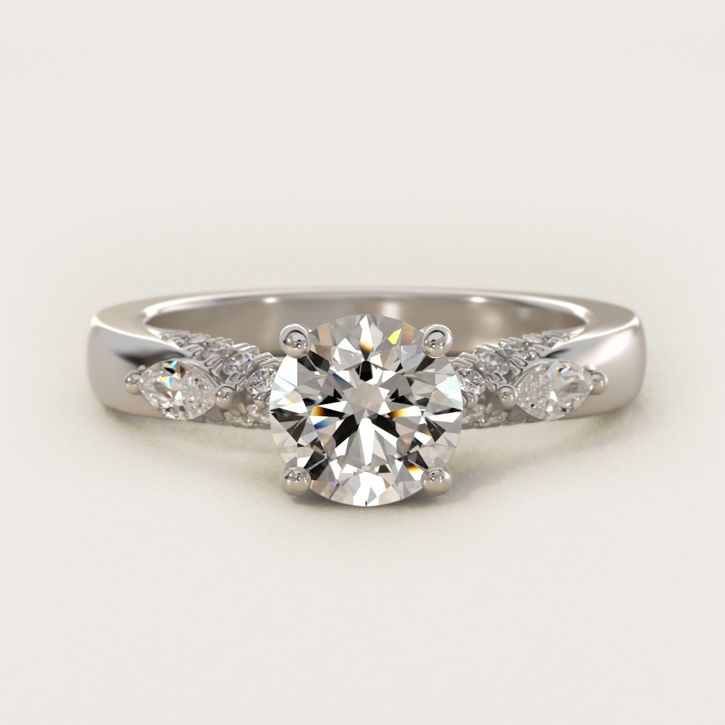 Diamond Marquise Shoulder Engagement Ring in 14k White Gold (1/4 ct. tw.) - Round Center