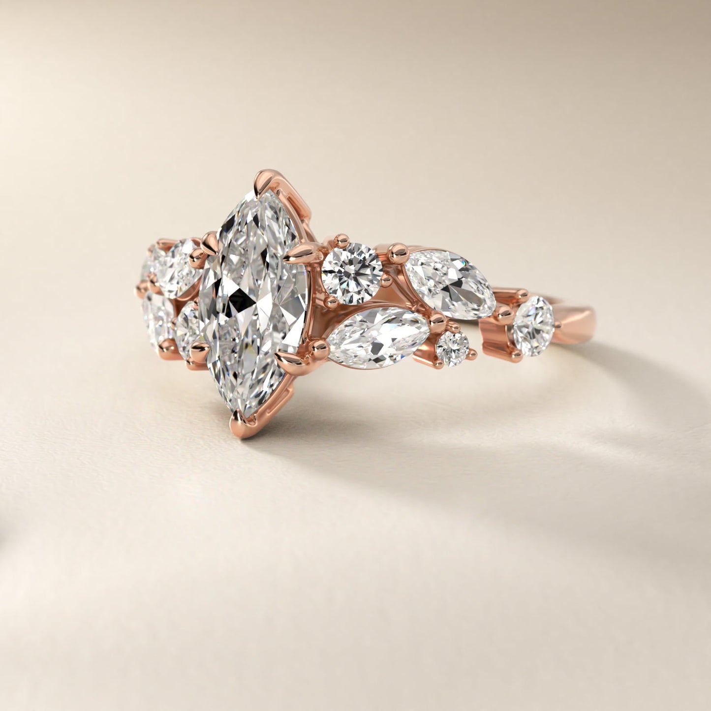 Diamond Nest Side Stone Engagement Ring In 14K Rose Gold By James Allen - Marquise Center