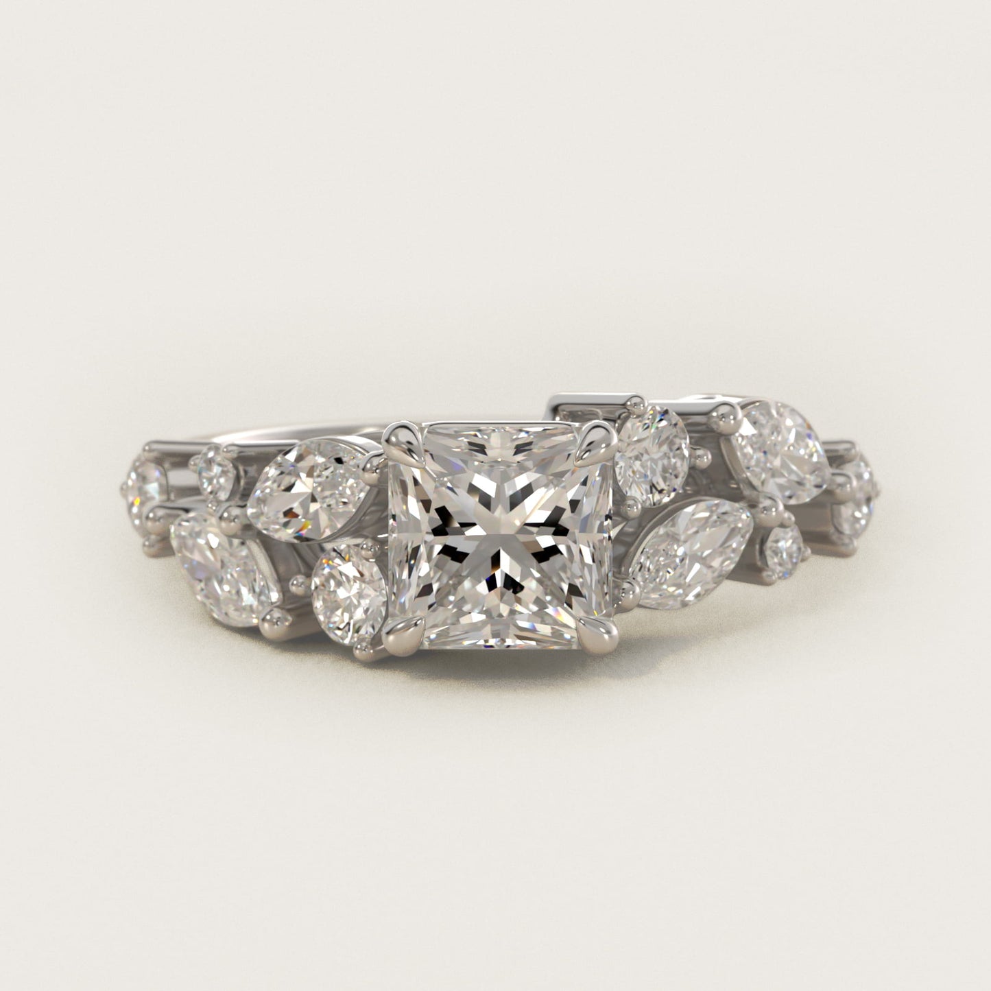 Diamond Nest Side Stone Engagement Ring In 18k White Gold By James Allen - Princess Center