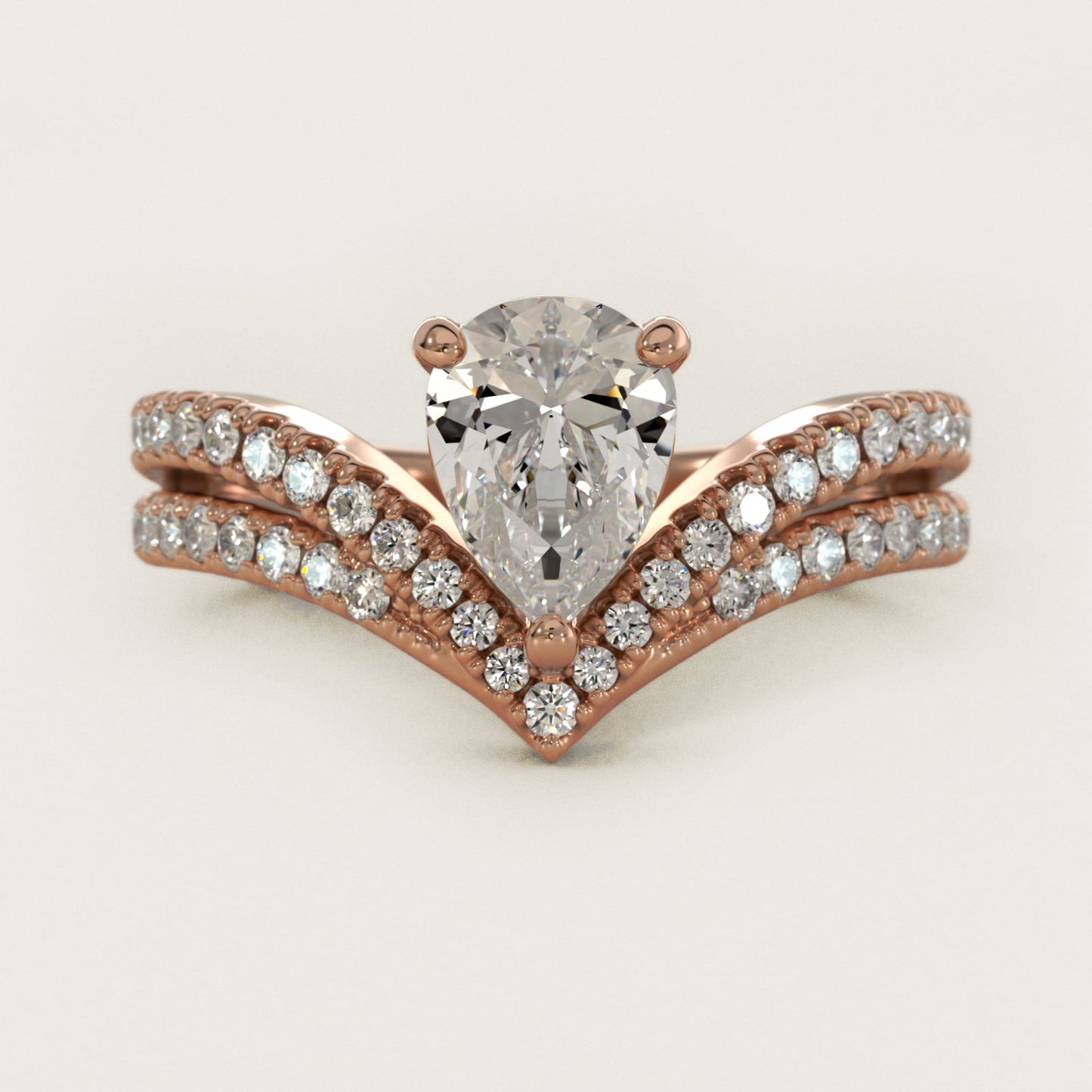 Double Row Diamond Chevron Engagement Ring in 18k Rose Gold (1/3 ct. tw.) - Pear Center