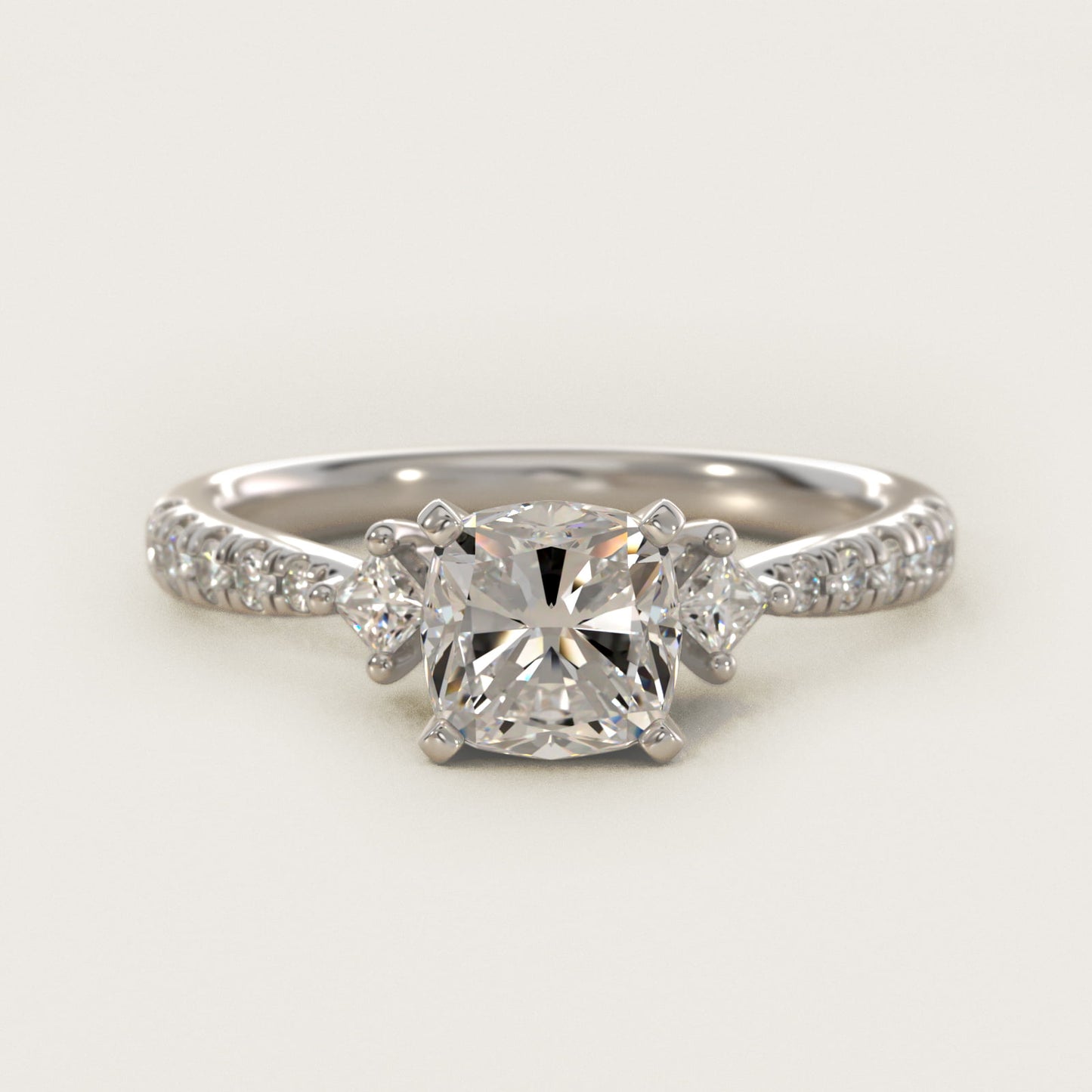 East-West Sidestone and PavŽ Diamond Engagement Ring in 14k White Gold (1/4 ct. tw.) - Cushion Center