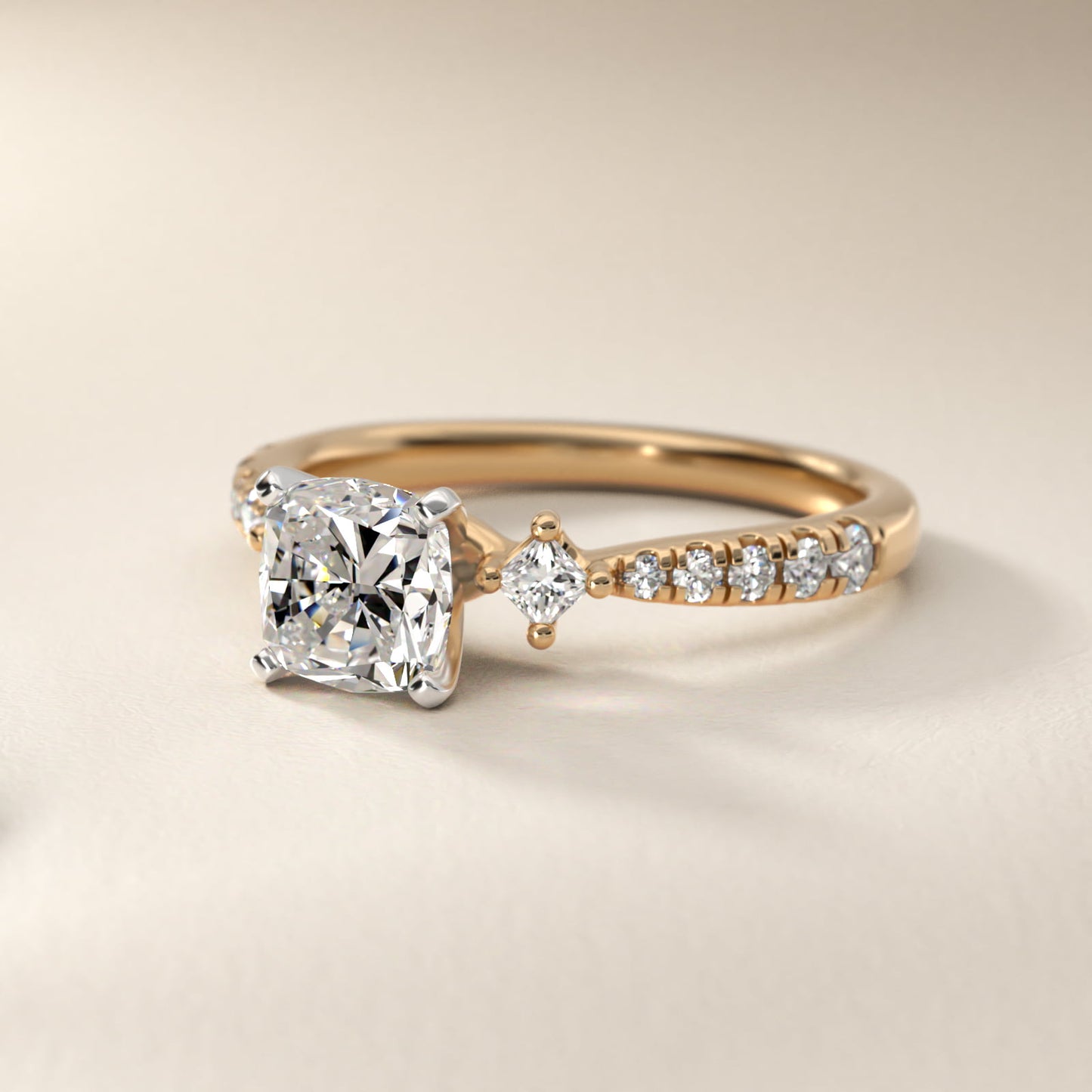 East-West Sidestone and PavŽ Diamond Engagement Ring in 14k Yellow Gold (1/4 ct. tw.) - Cushion Center