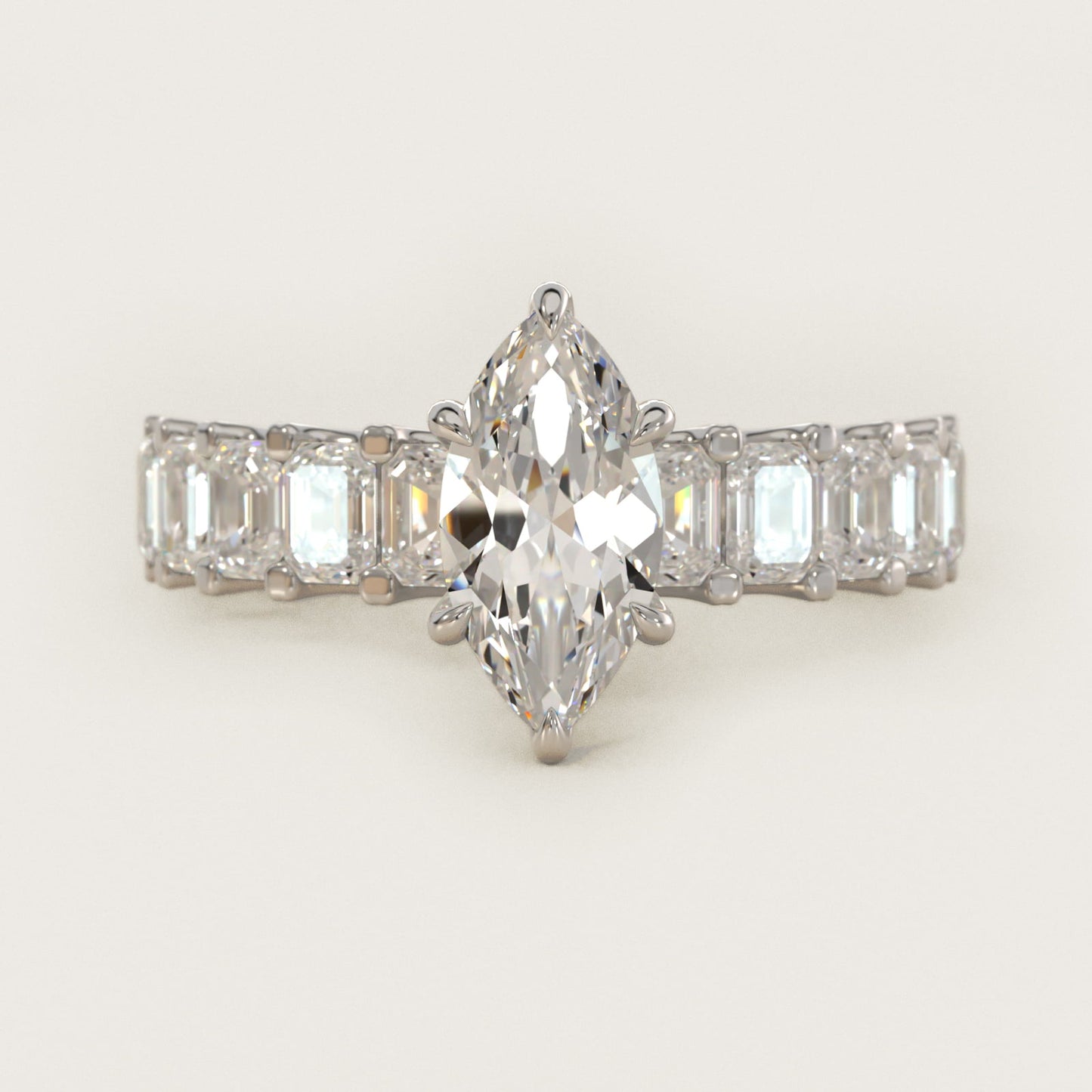 Emerald-Cut Diamond Engagement Ring in 18k White Gold - Marquise Center