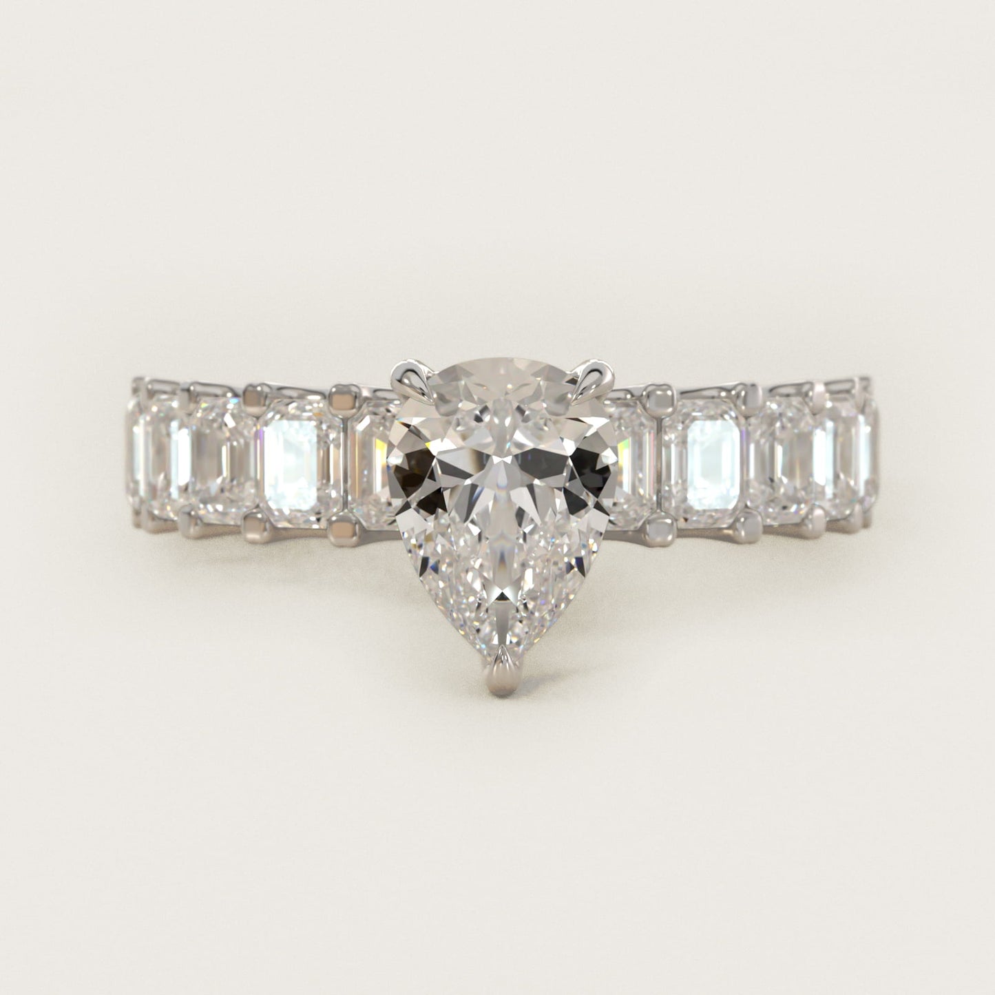 Emerald-Cut Diamond Engagement Ring in 18k White Gold - Pear Center