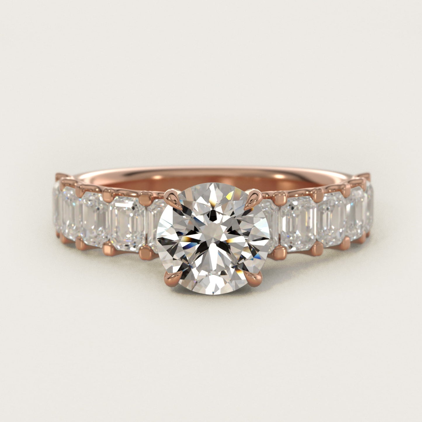 Emerald-Cut Diamond Engagement Ring in 18k Rose Gold - Round Center