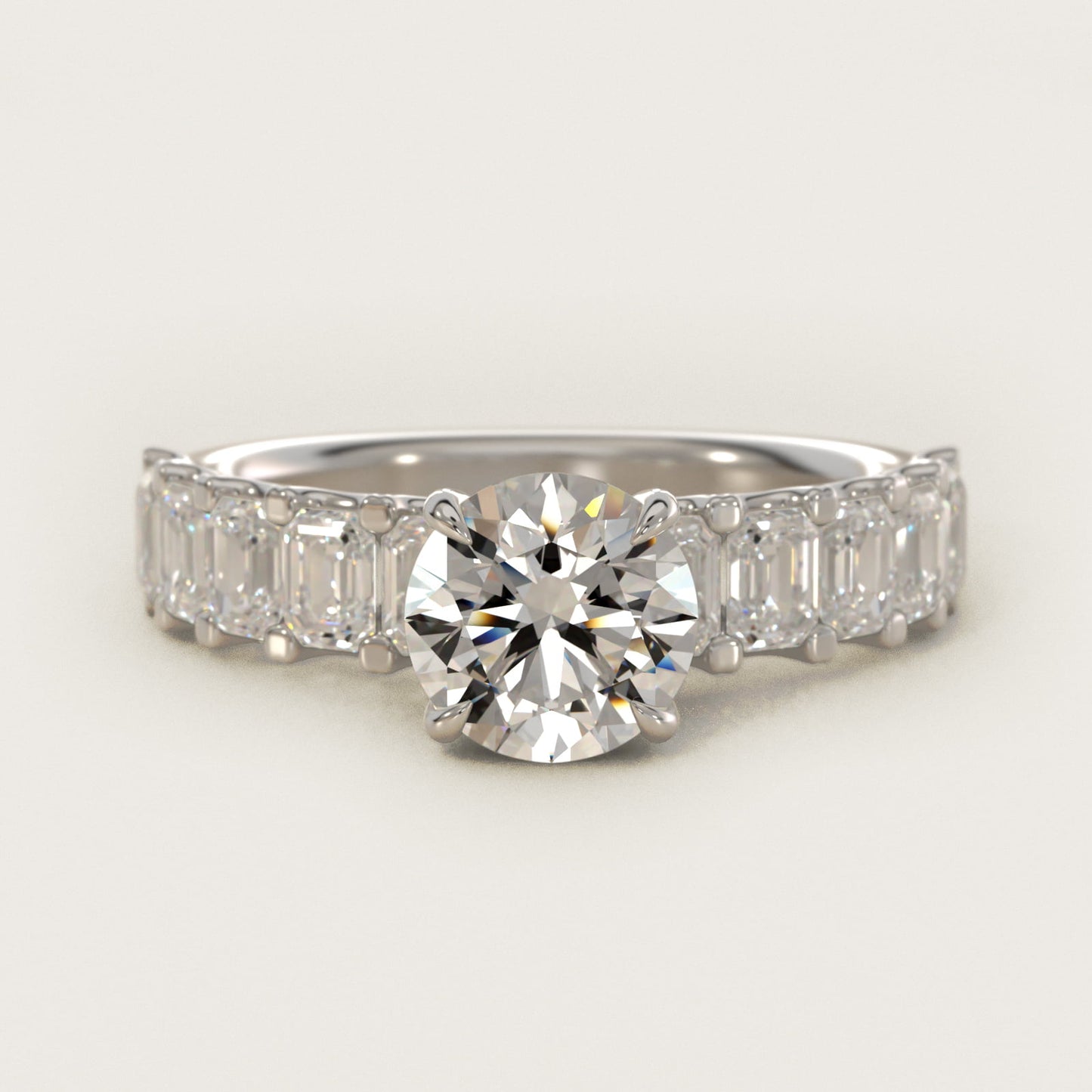 Emerald-Cut Diamond Engagement Ring in 18k White Gold - Round Center