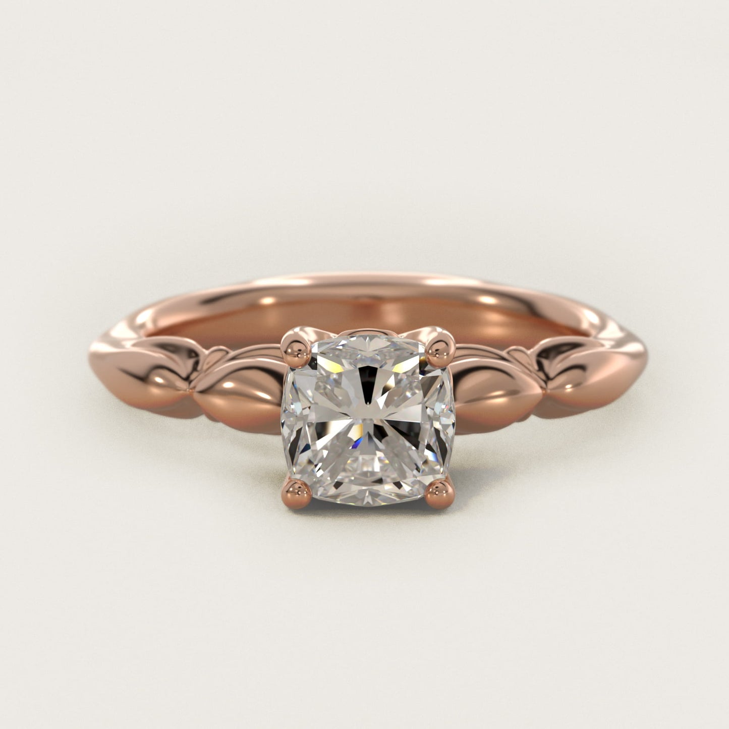 Engraved Solitaire Plus Diamond Engagement Ring in 18k Rose Gold - Cushion Center
