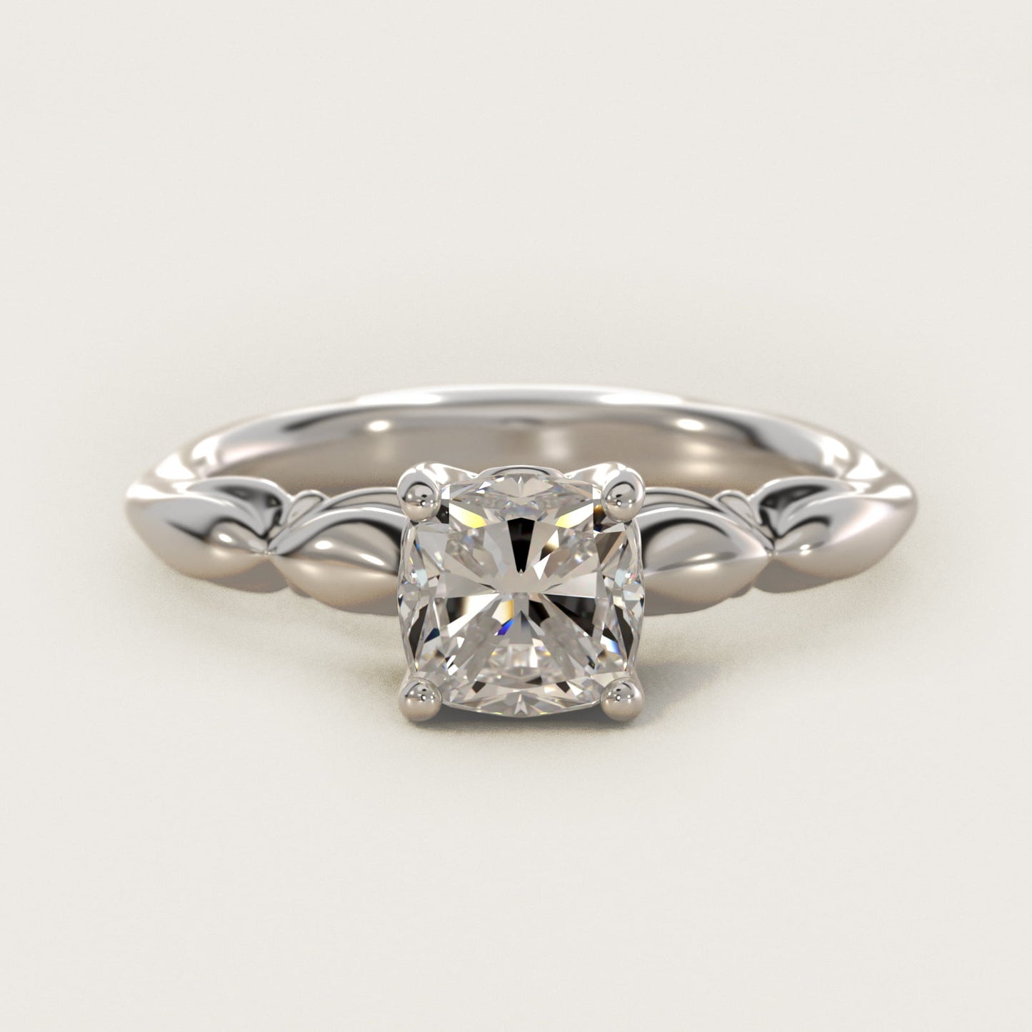 Engraved Solitaire Plus Diamond Engagement Ring in 18k White Gold - Cushion Center