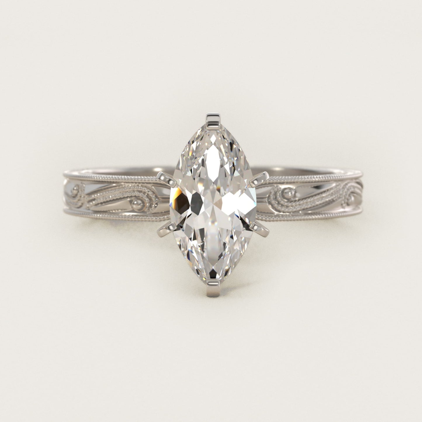 Engraved Solitaire Engagement Ring In 14K White Gold By James Allen - Marquise Center