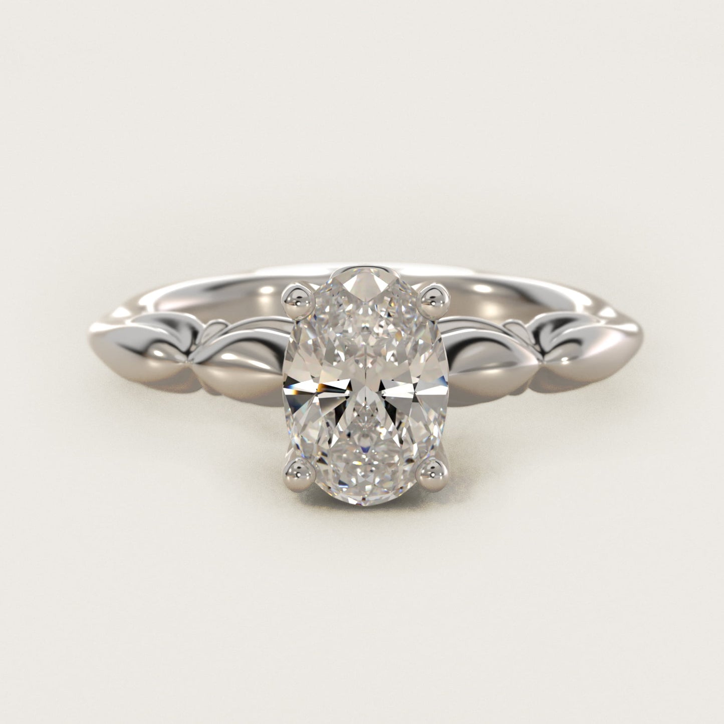 Engraved Solitaire Plus Diamond Engagement Ring in 14k White Gold - Oval Center