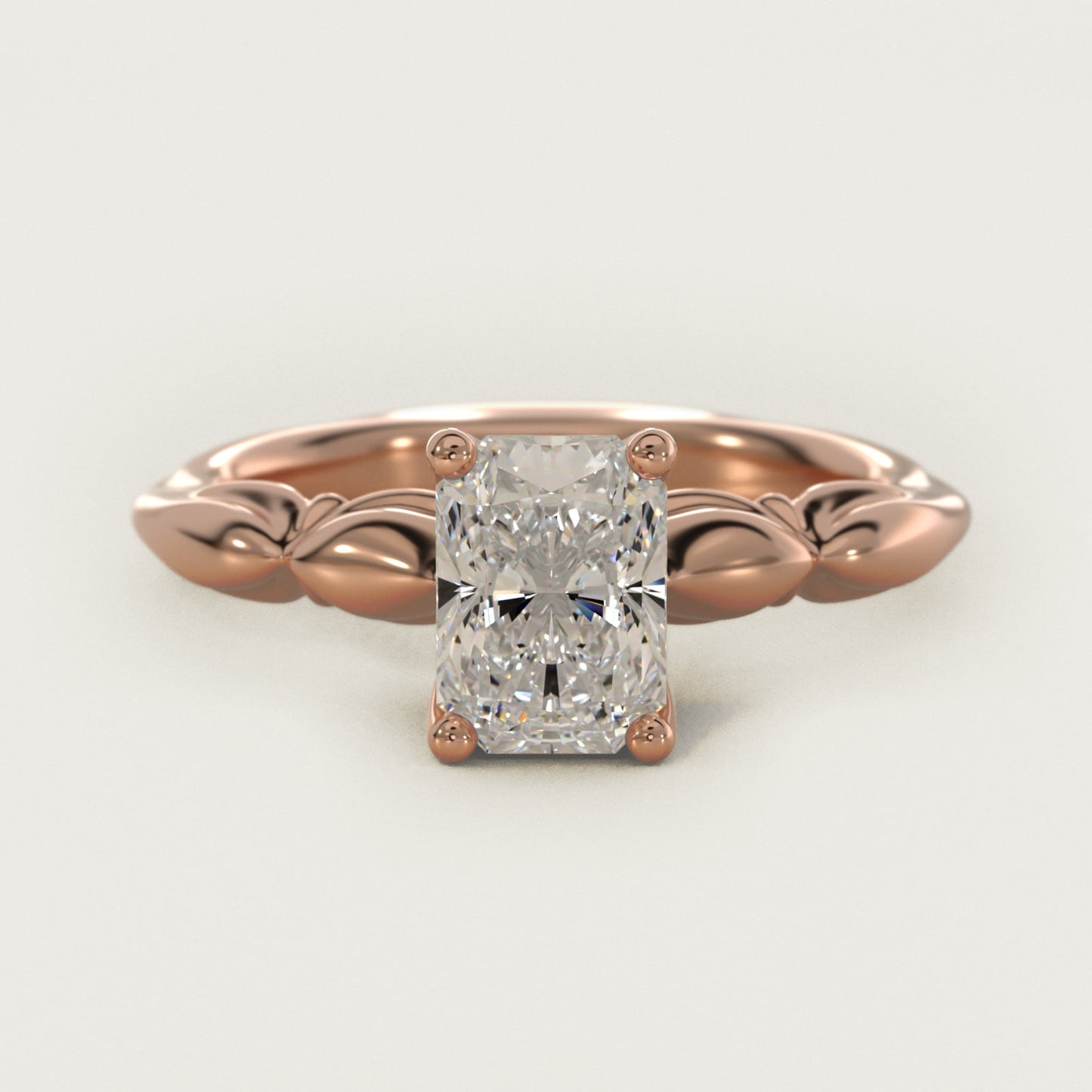 Engraved Solitaire Plus Diamond Engagement Ring in 18k Rose Gold - Radiant Center