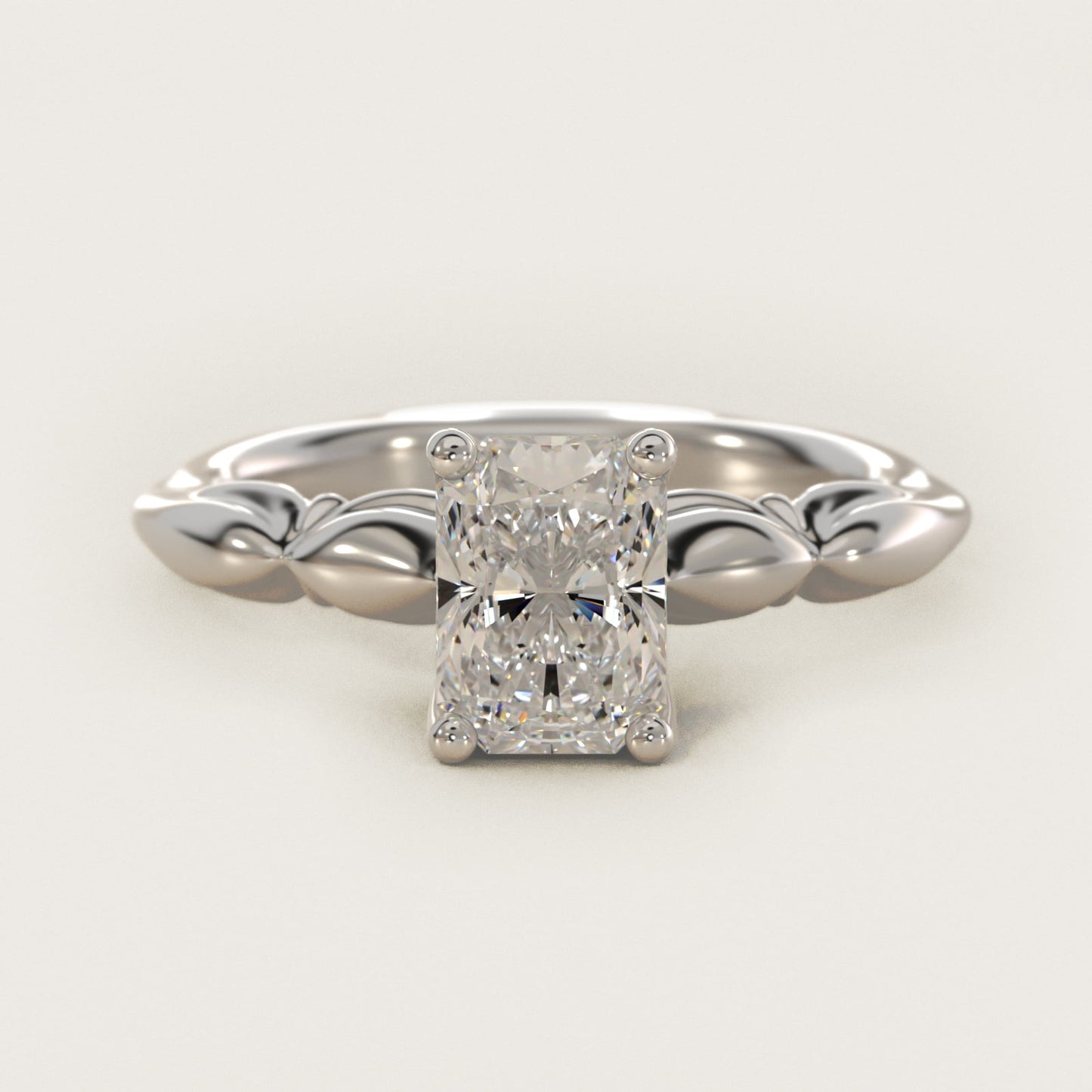 Engraved Solitaire Plus Diamond Engagement Ring in 14k White Gold - Radiant Center