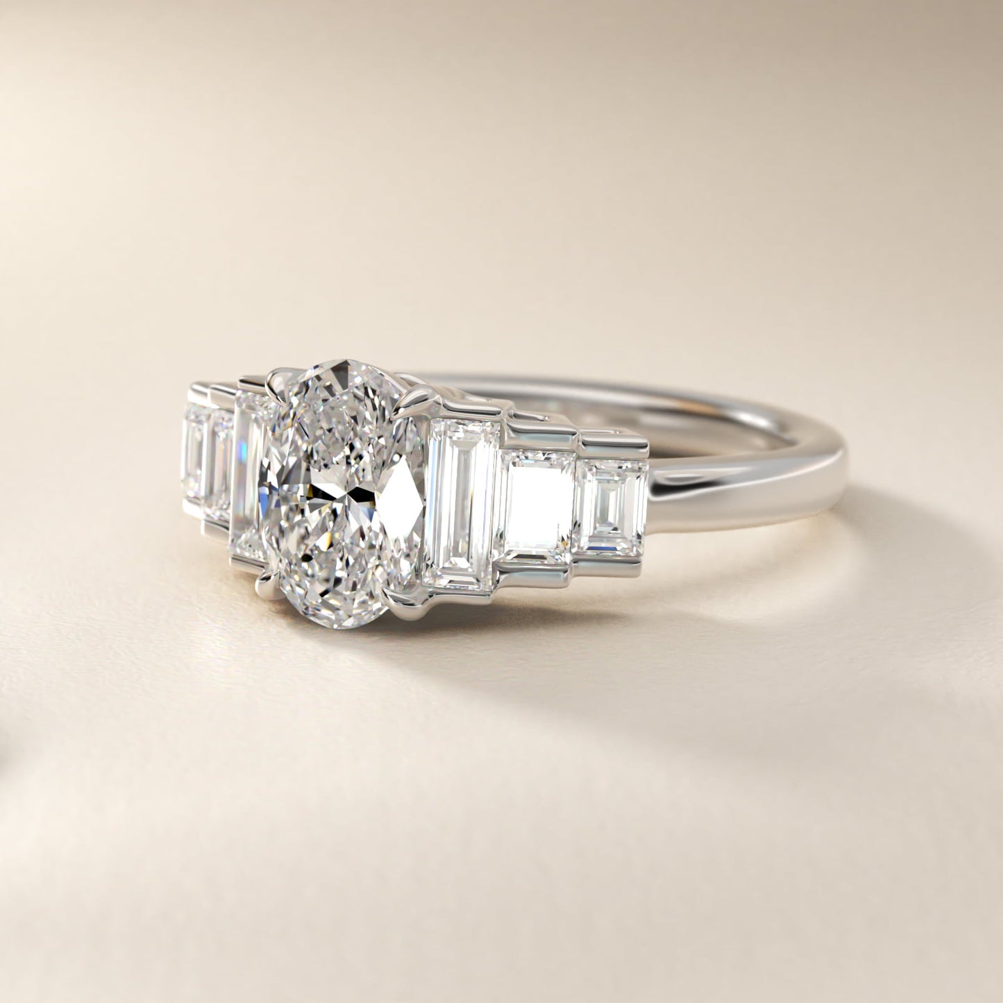 Escalating Baguette Side Stone Diamond Engagement Ring In 18k White Gold By James Allen - Oval Center