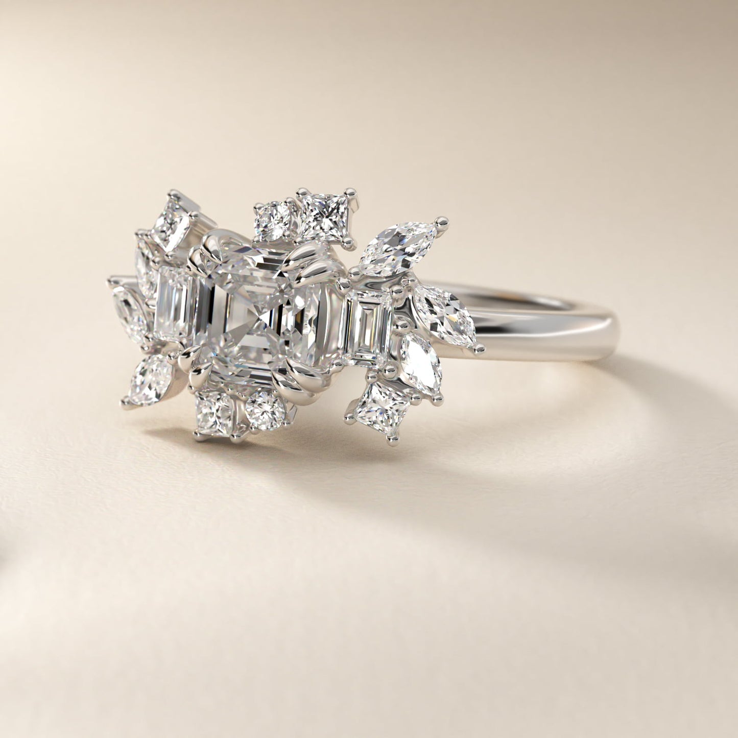 Faceted Side Stone Diamond Engagement Ring In Platinum By James Allen - Asscher Center