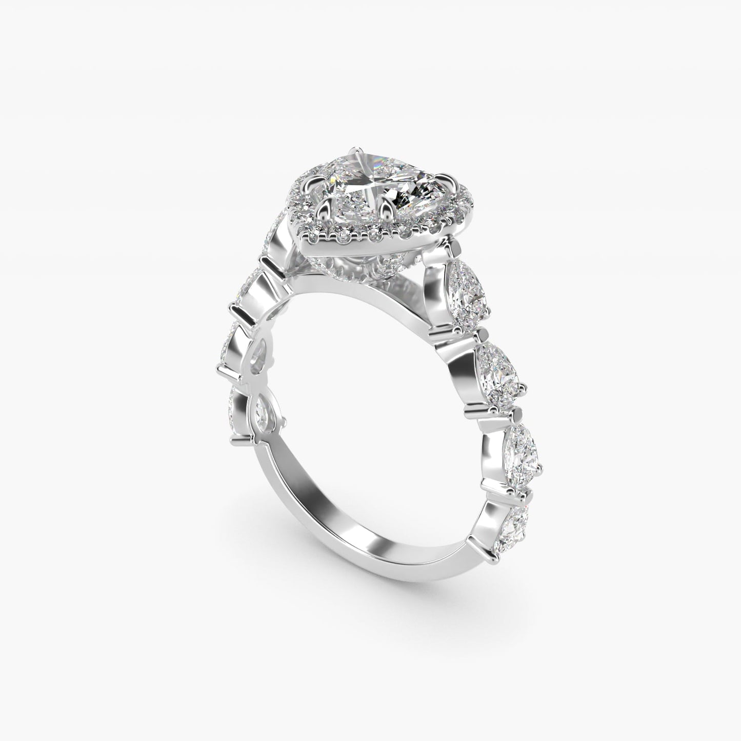 Fancy Pear Halo Engagement Ring in 18k White Gold - Heart Center