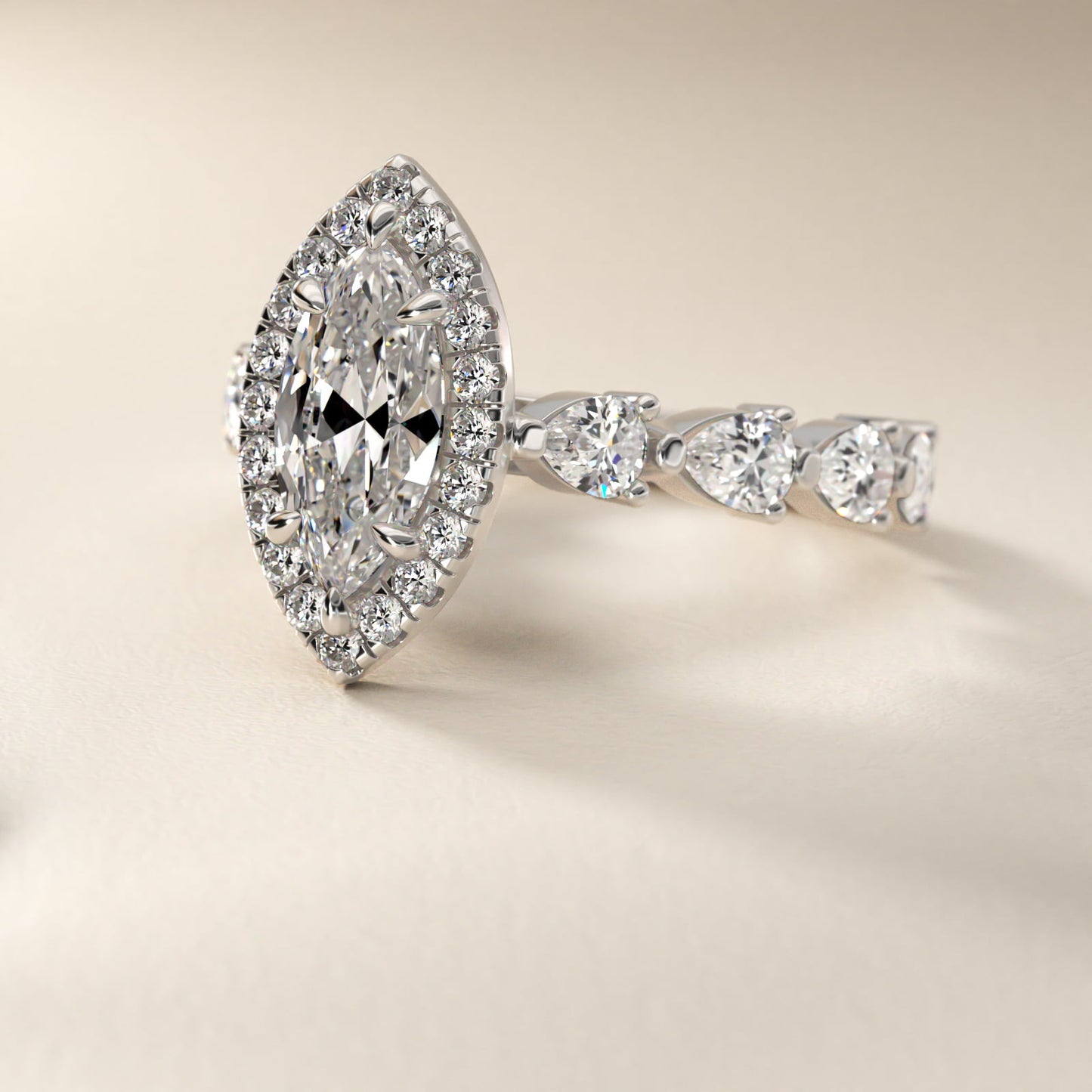Fancy Pear Halo Engagement Ring in 14k White Gold - Marquise Center