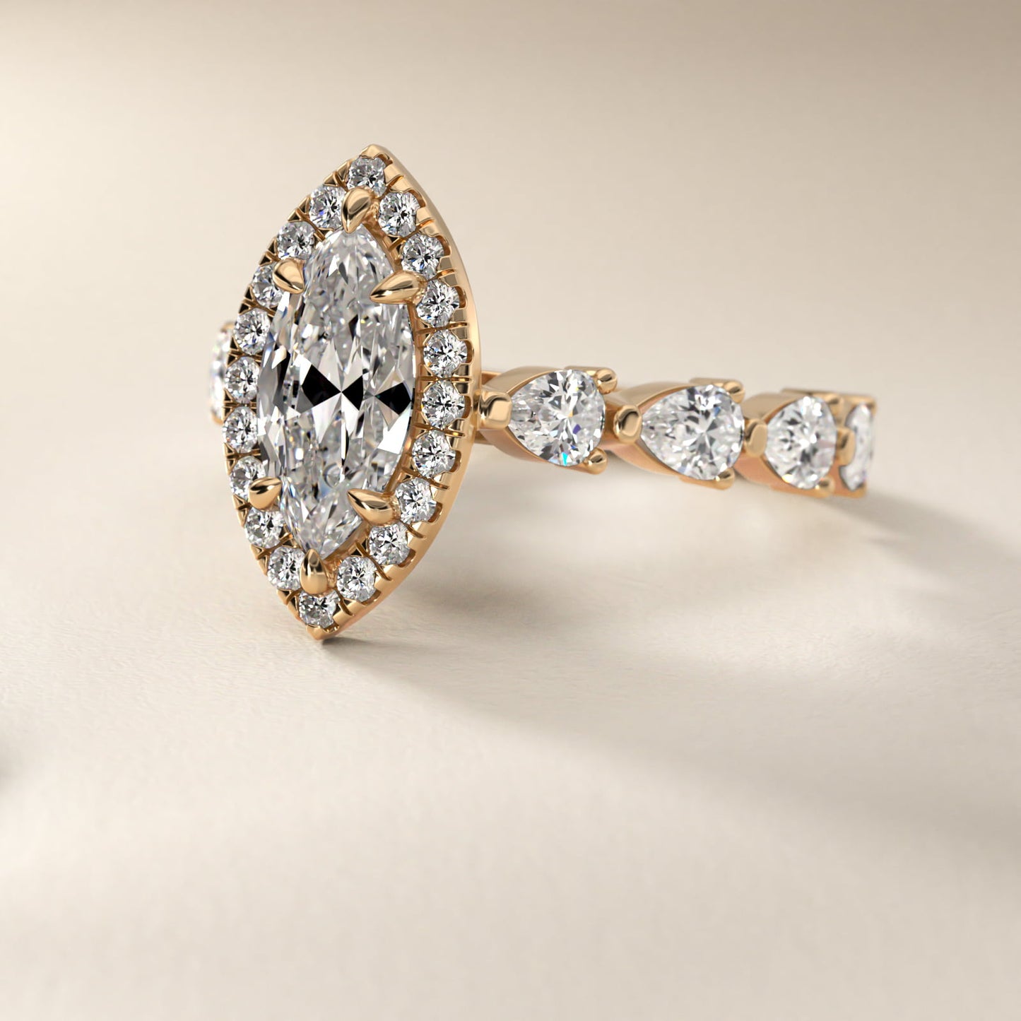 Fancy Pear Halo Engagement Ring in 14k Yellow Gold - Marquise Center