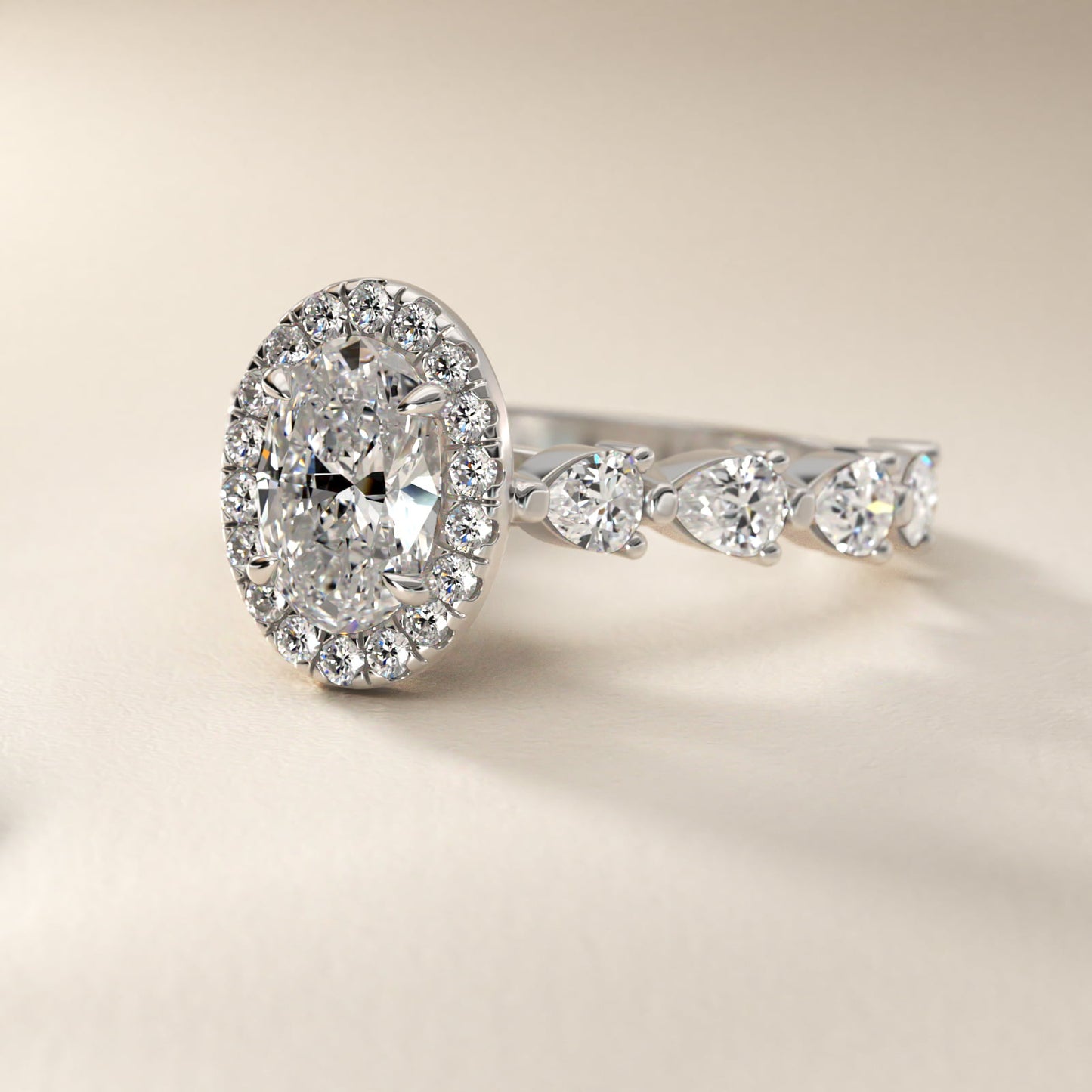 Fancy Pear Halo Engagement Ring in 14k White Gold - Oval Center