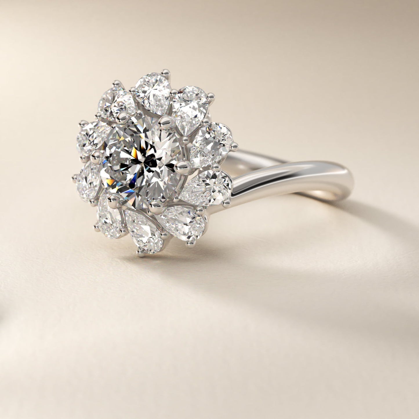 Fancy Pear Shape Whirling Diamond Halo Engagement Ring In 18K White Gold By James Allen - Round Center