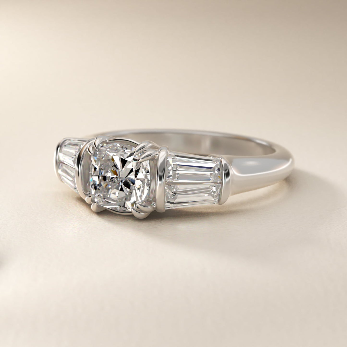 Five-Stone Tapered Baguette Diamond Engagement Ring in Platinum (3/4 ct. tw.) - Cushion Center