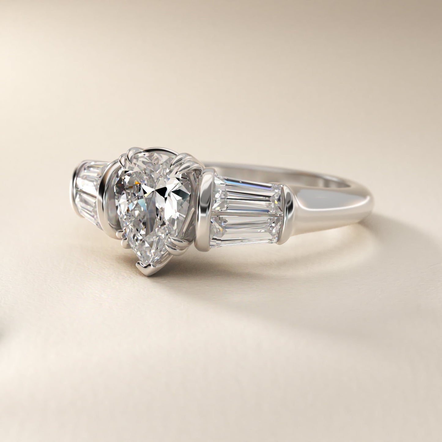 Five-Stone Tapered Baguette Diamond Engagement Ring in Platinum (3/4 ct. tw.) - Pear Center