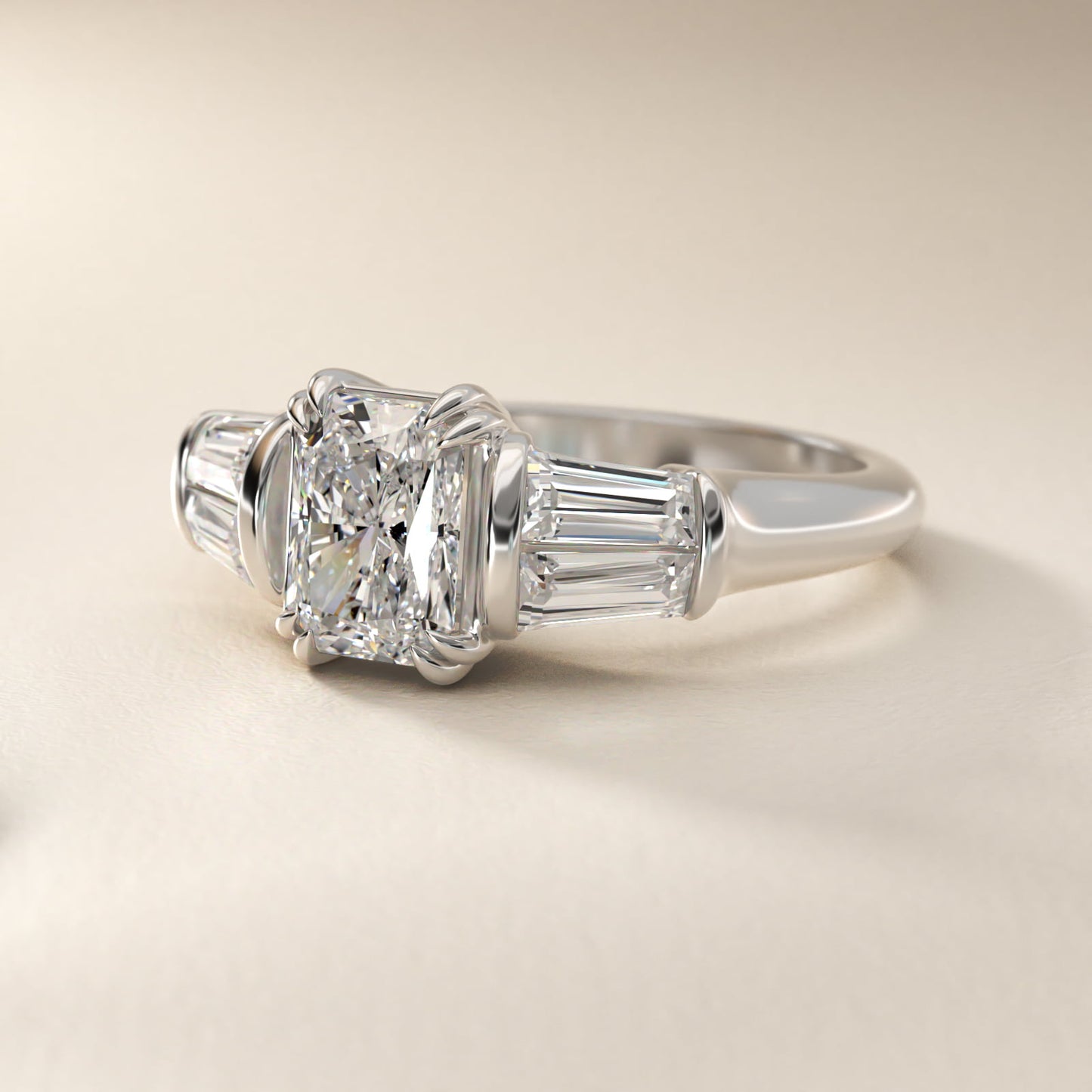 Five-Stone Tapered Baguette Diamond Engagement Ring in Platinum (3/4 ct. tw.) - Radiant Center