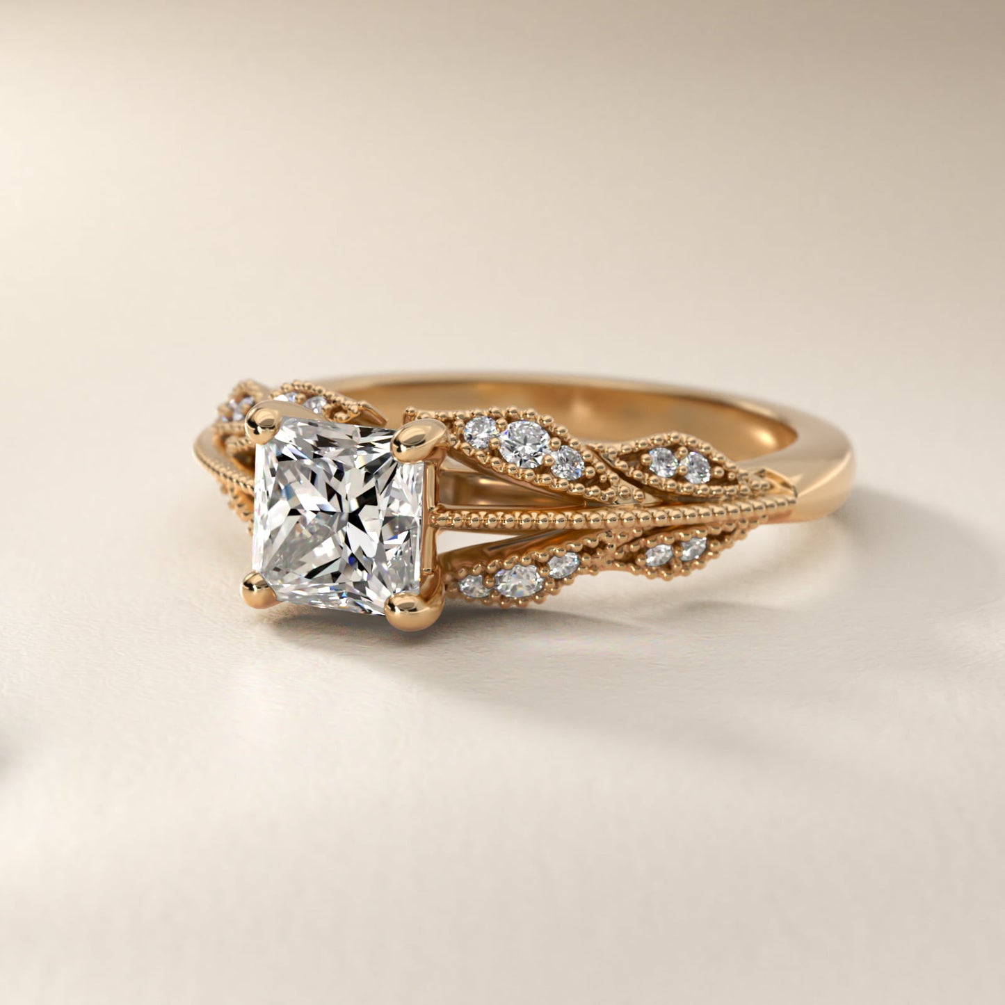 Floral Bouquet Vintage-Style Engagement Ring In 18k Yellow Gold By James Allen - Princess Center