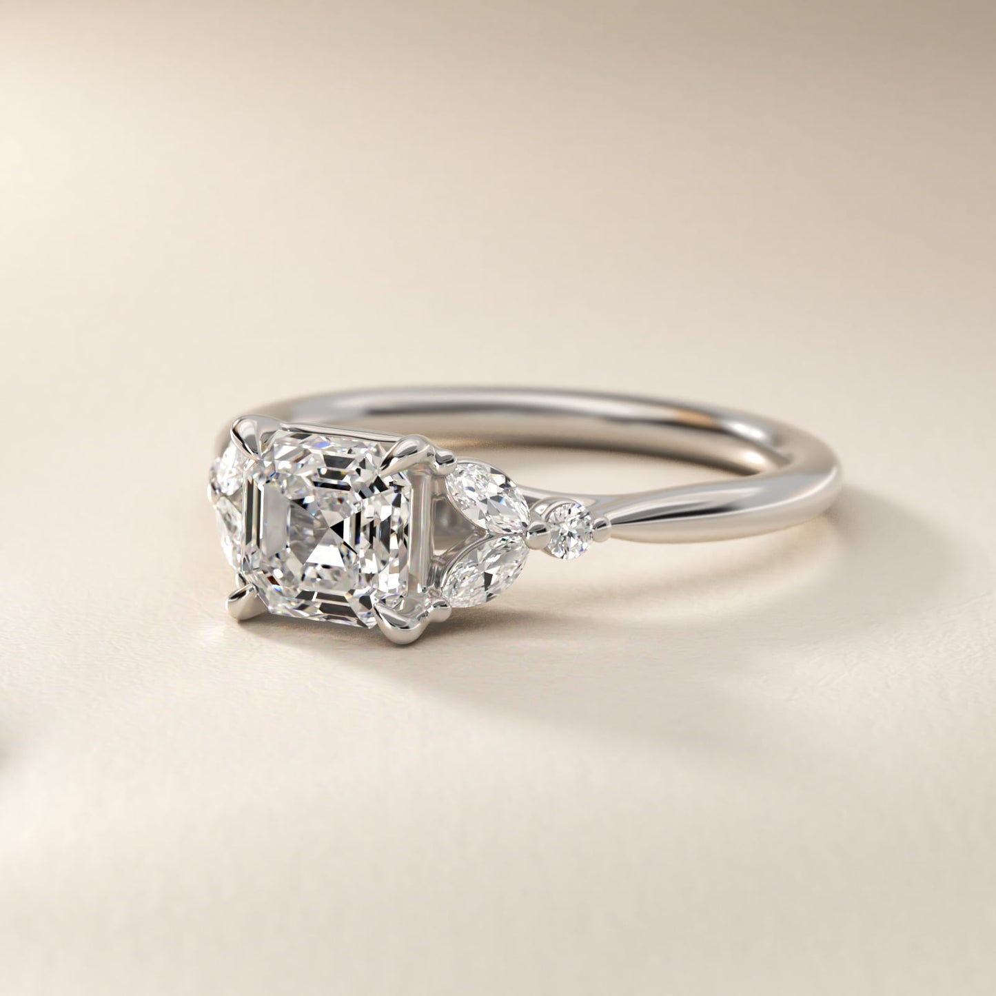 Floral Marquise Diamond Engagement Ring in 18k White Gold - Asscher Center