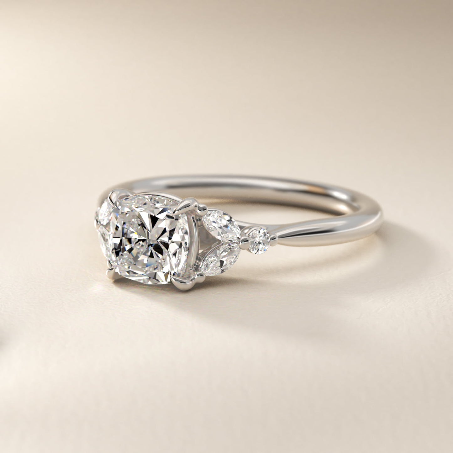Floral Marquise Diamond Engagement Ring in 18k White Gold - Cushion Center