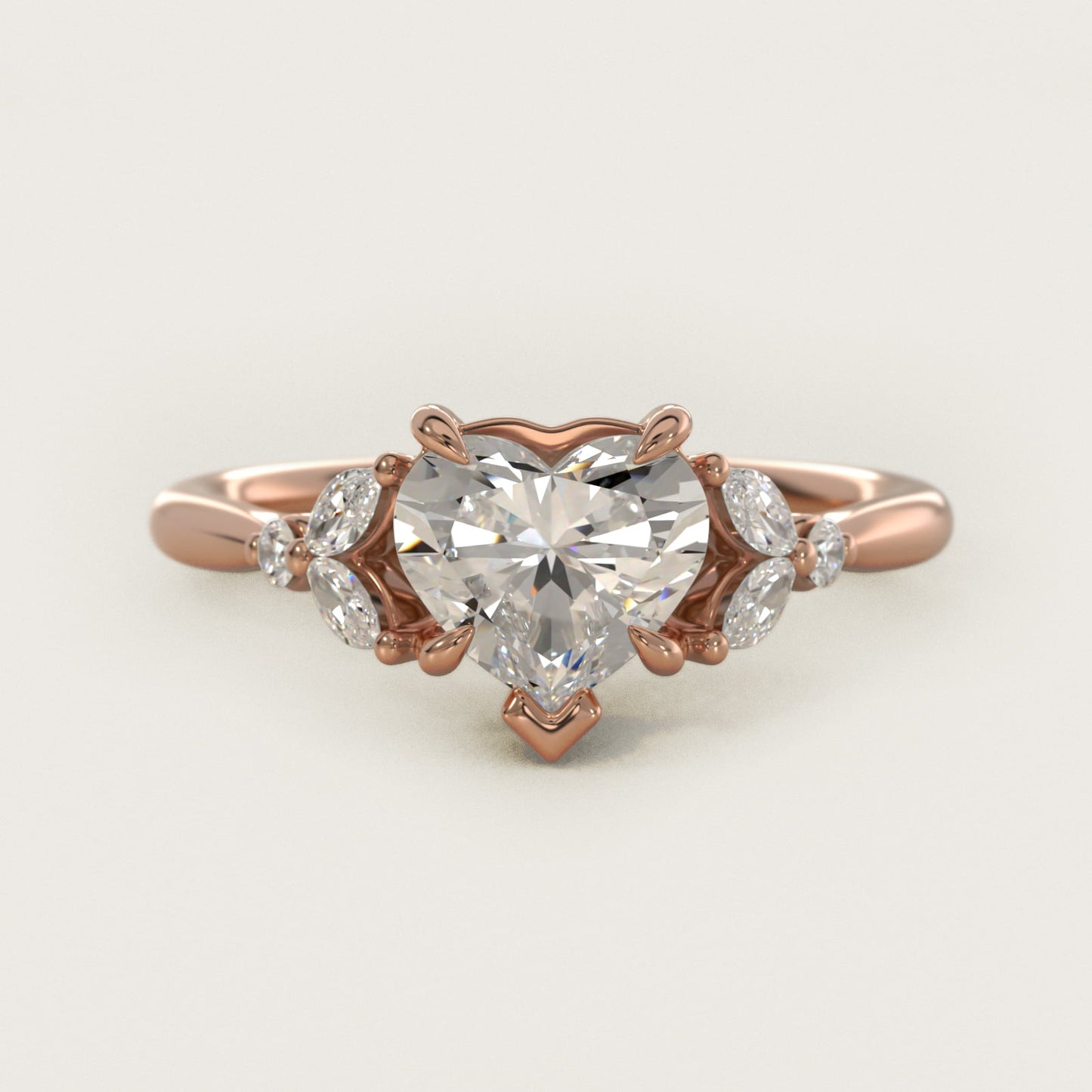Floral Marquise Diamond Engagement Ring in 18k Rose Gold - Heart Center
