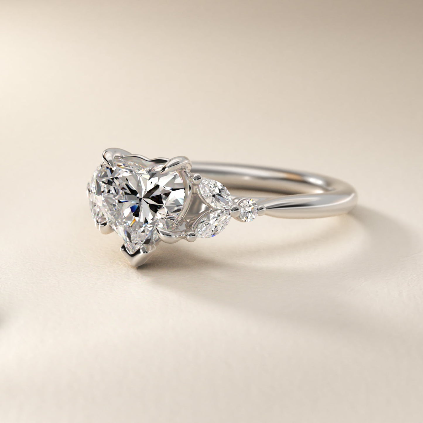 Floral Marquise Diamond Engagement Ring in 18k White Gold - Heart Center