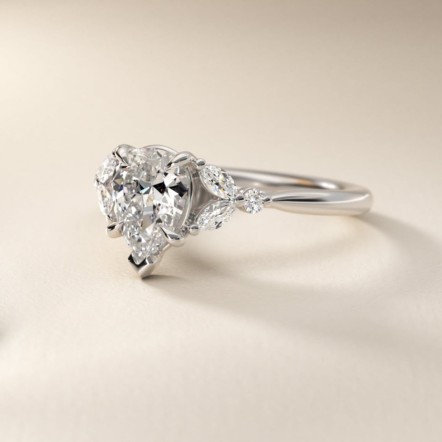 Floral Marquise Diamond Engagement Ring in 14k White Gold - Pear Center