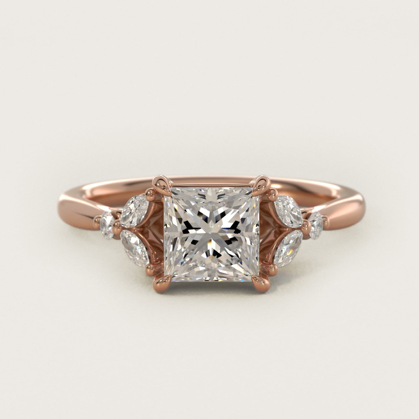 Floral Marquise Diamond Engagement Ring in 14k Rose Gold - Princess Center