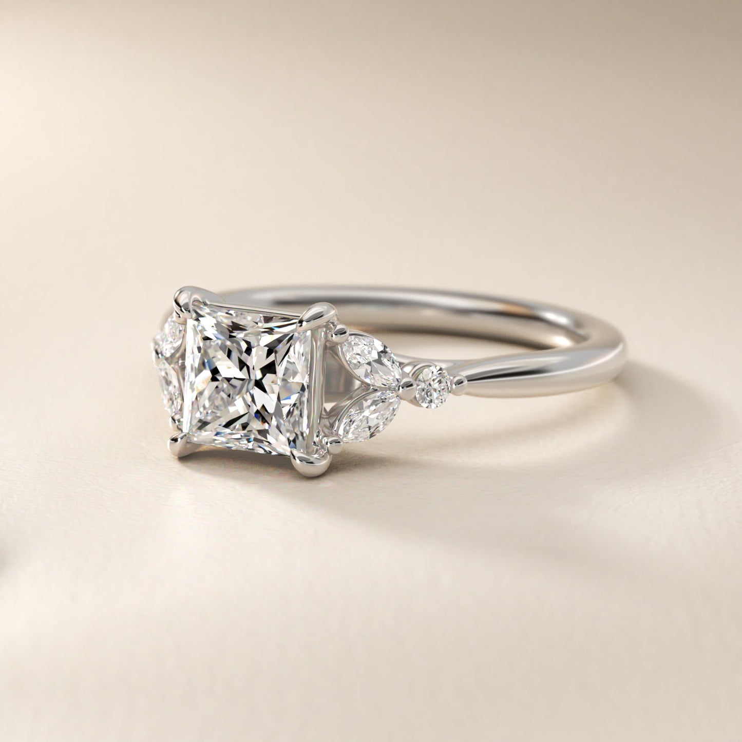 Floral Marquise Diamond Engagement Ring in 14k White Gold - Princess Center